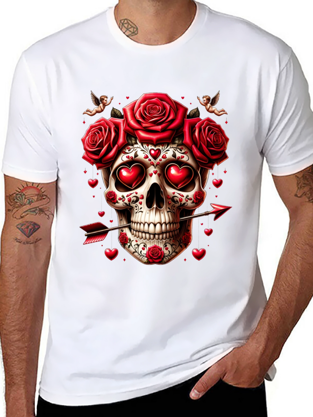 Skull Roses Hearts Arrow Valentines Day T-Shirt