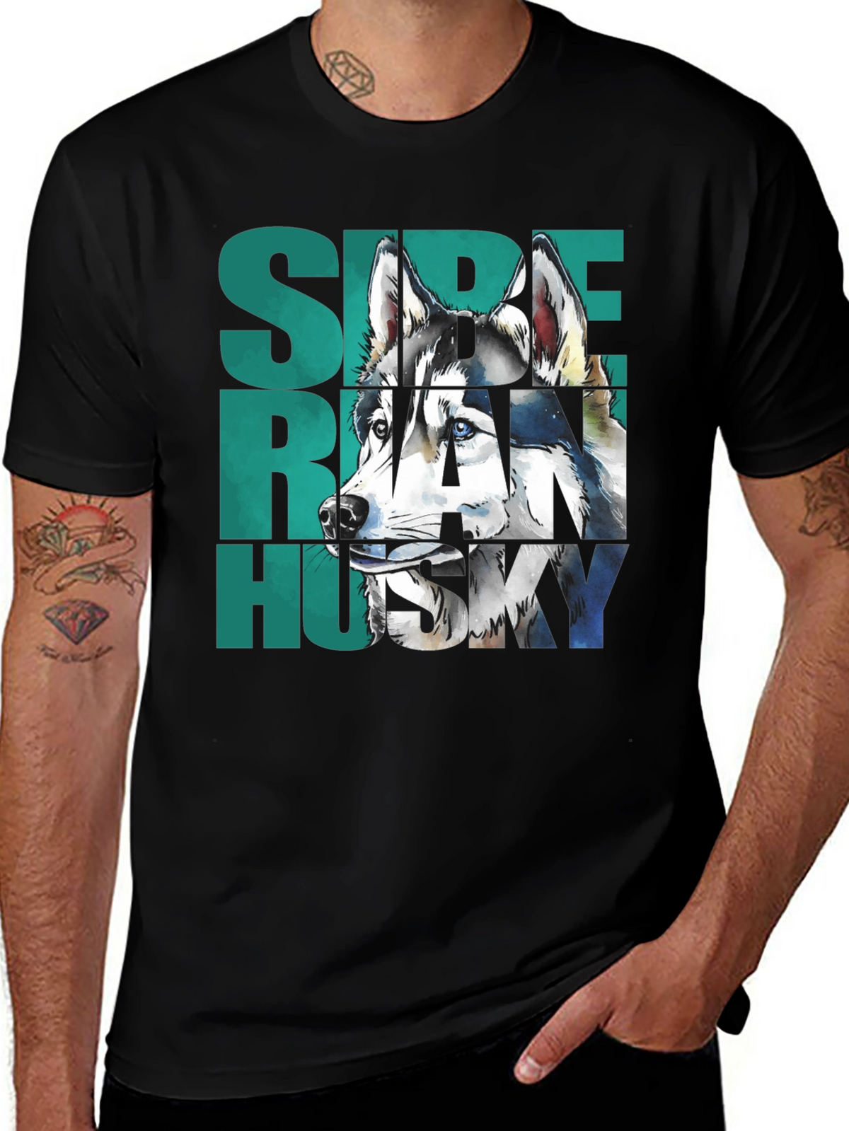 Siberian Husky Graphic Print Black T-Shirt