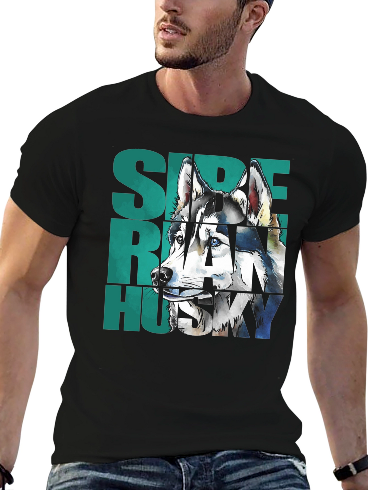 Siberian Husky Graphic Print Black T-Shirt