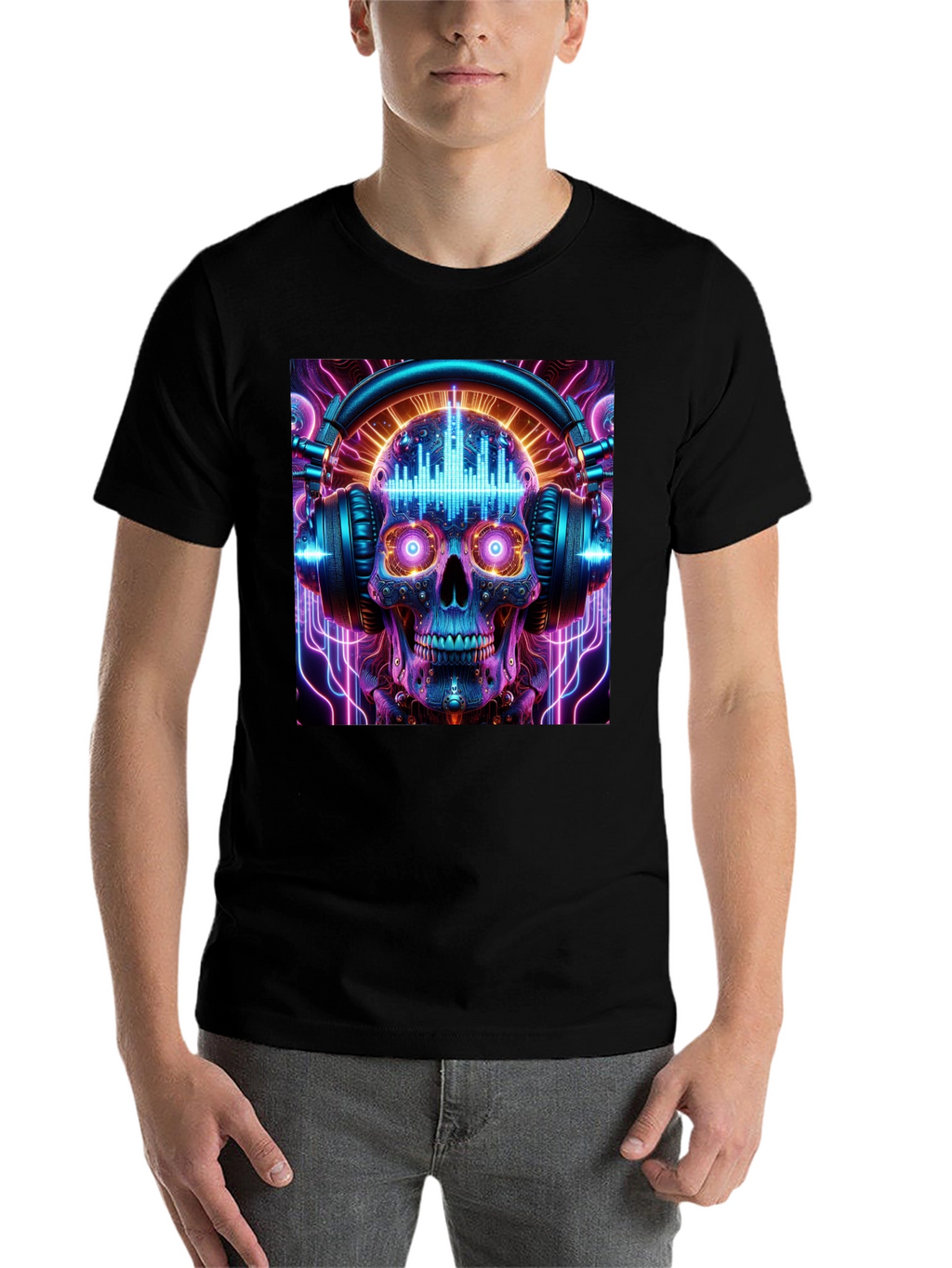 Skull Headphones Graphic Tee - Neon Rave Style