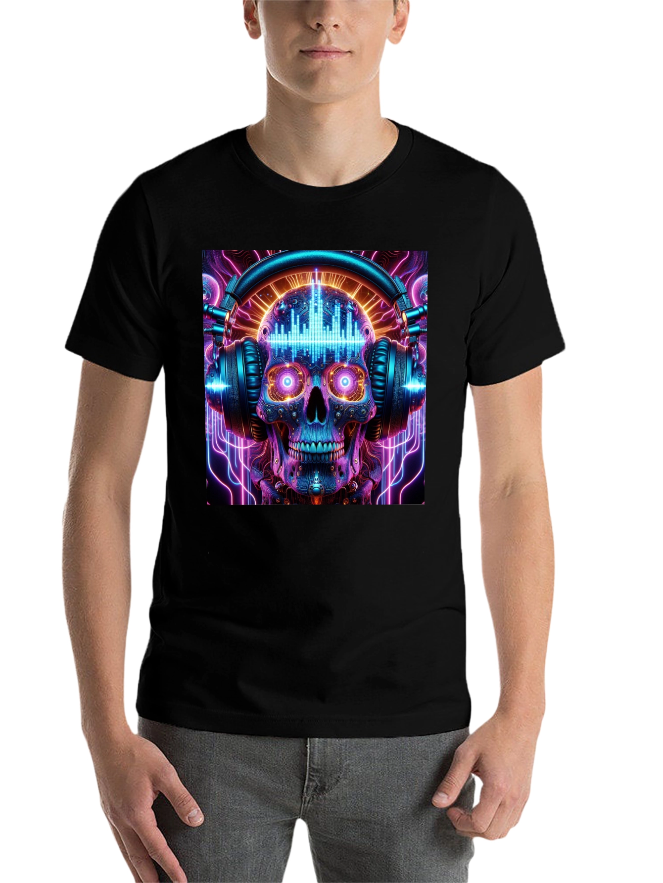 Skull Headphones Graphic Tee - Neon Rave Style