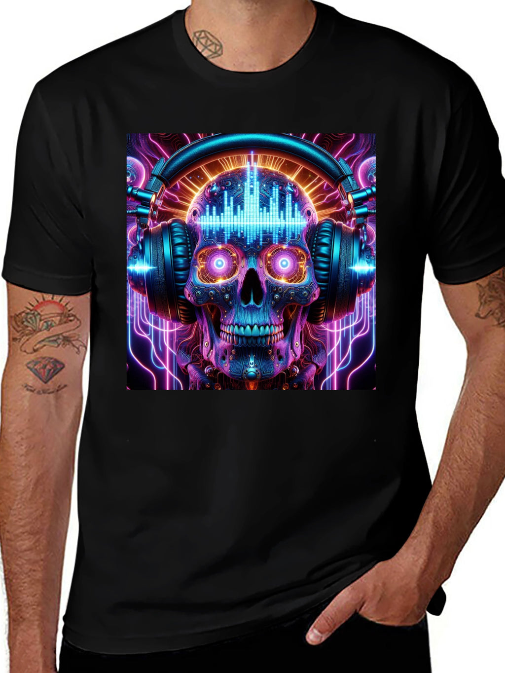 Skull Headphones Graphic Tee - Neon Rave Style