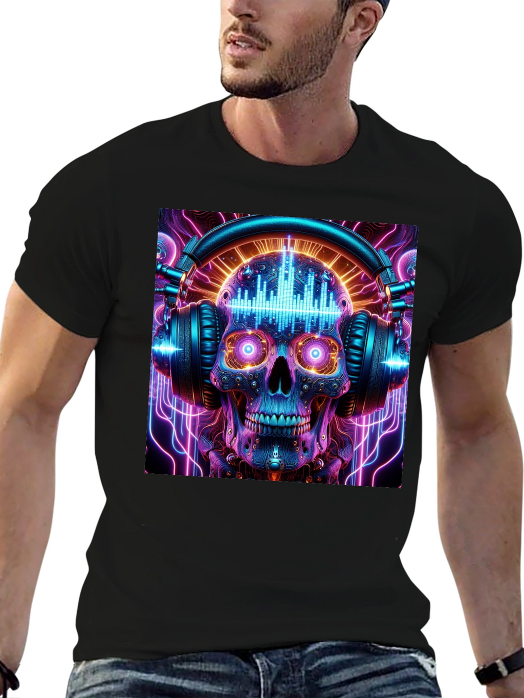 Skull Headphones Graphic Tee - Neon Rave Style