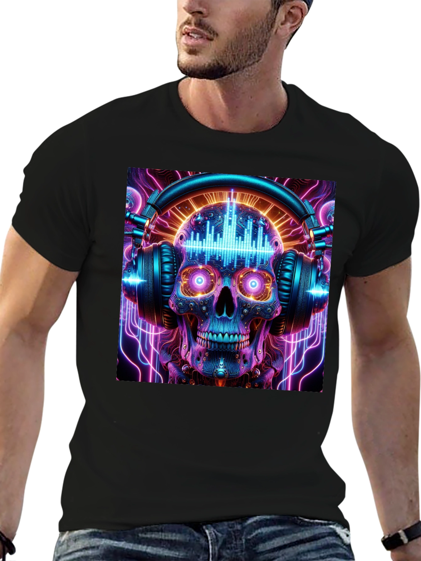 Skull Headphones Graphic Tee - Neon Rave Style