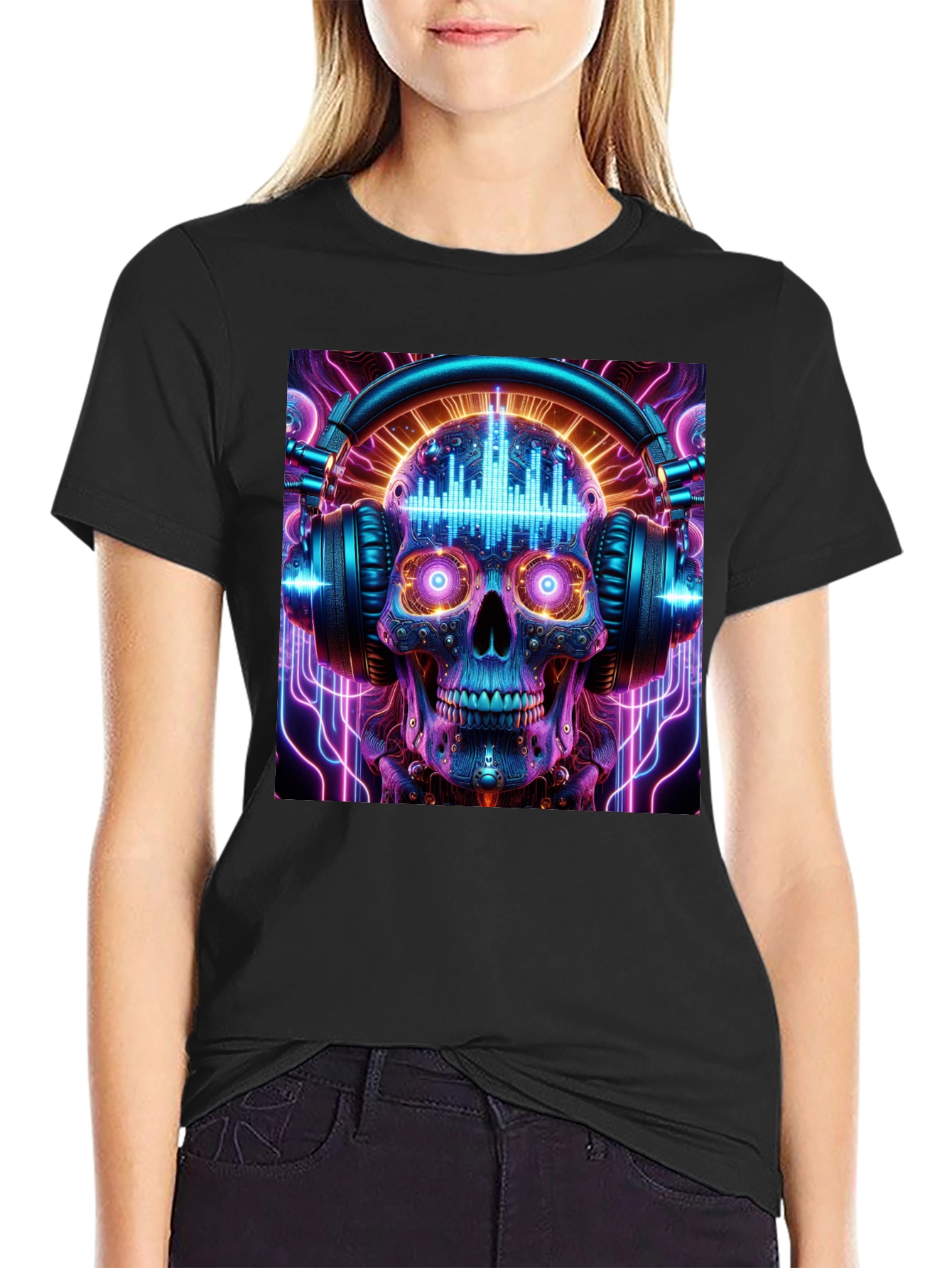 Skull Headphones Graphic Tee - Neon Rave Style
