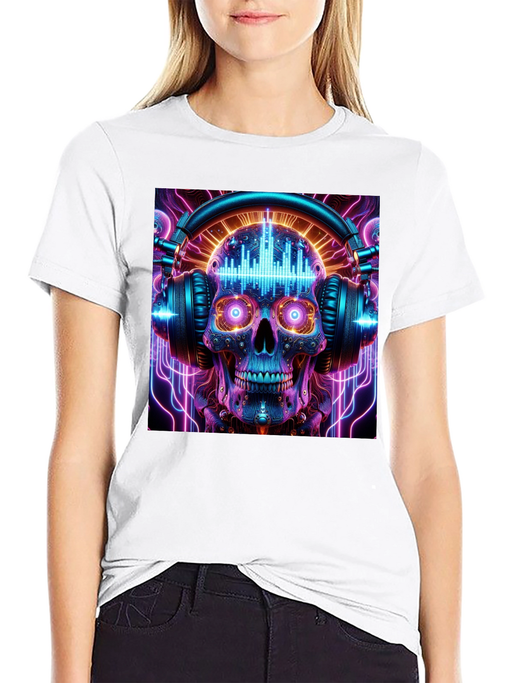 Skull Headphones Graphic Tee - Neon Rave Style