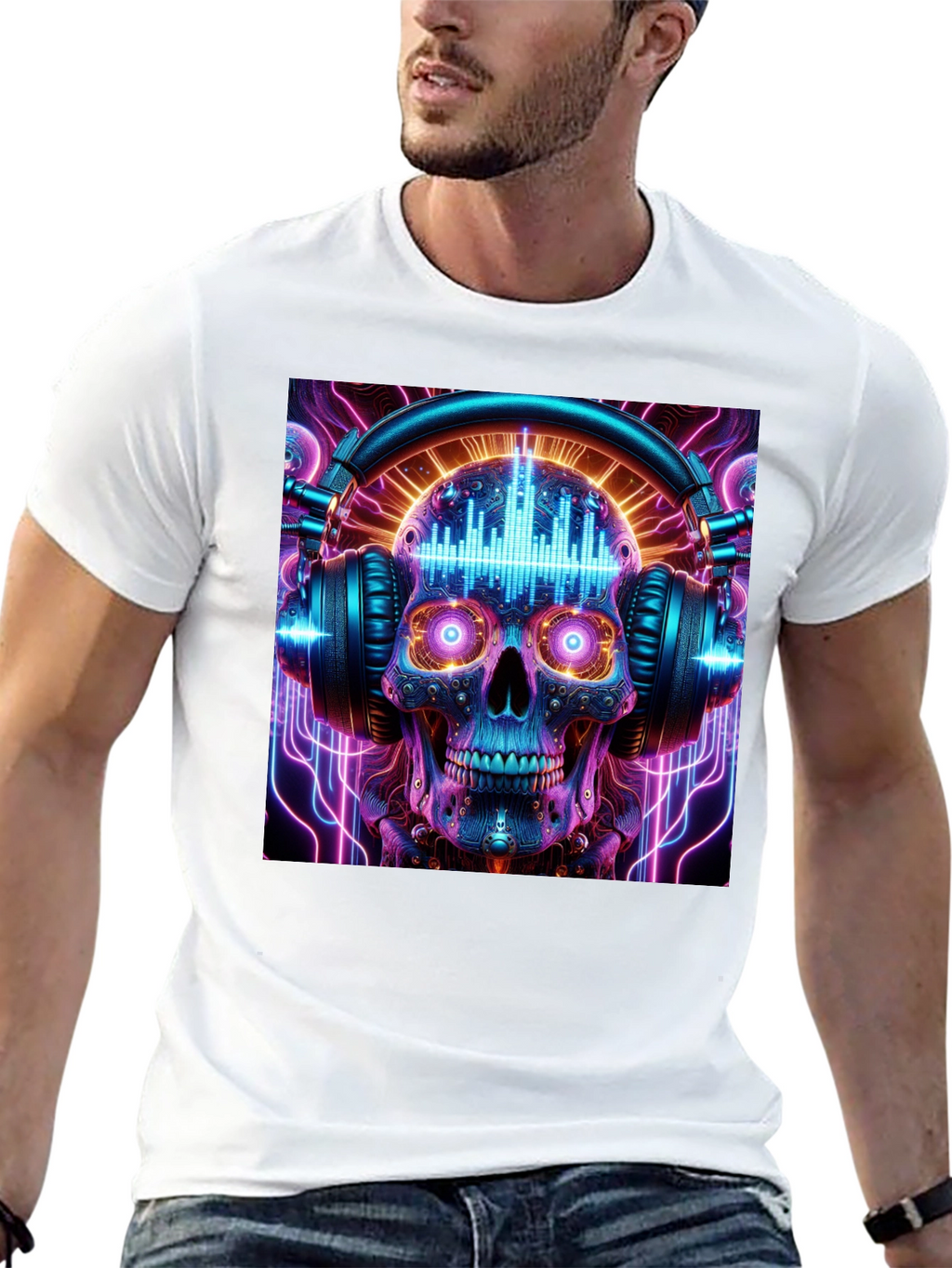 Skull Headphones Graphic Tee - Neon Rave Style