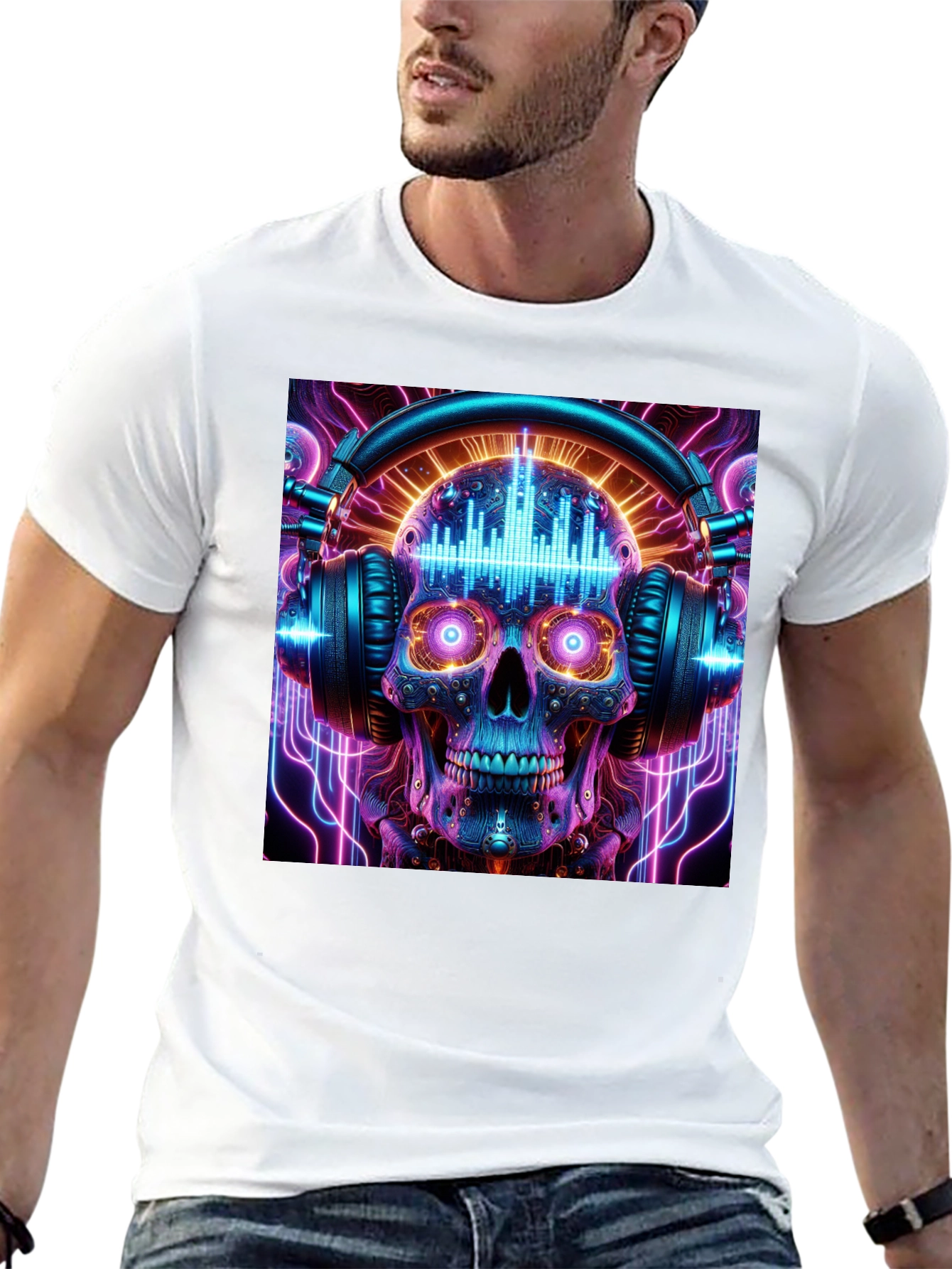 Skull Headphones Graphic Tee - Neon Rave Style