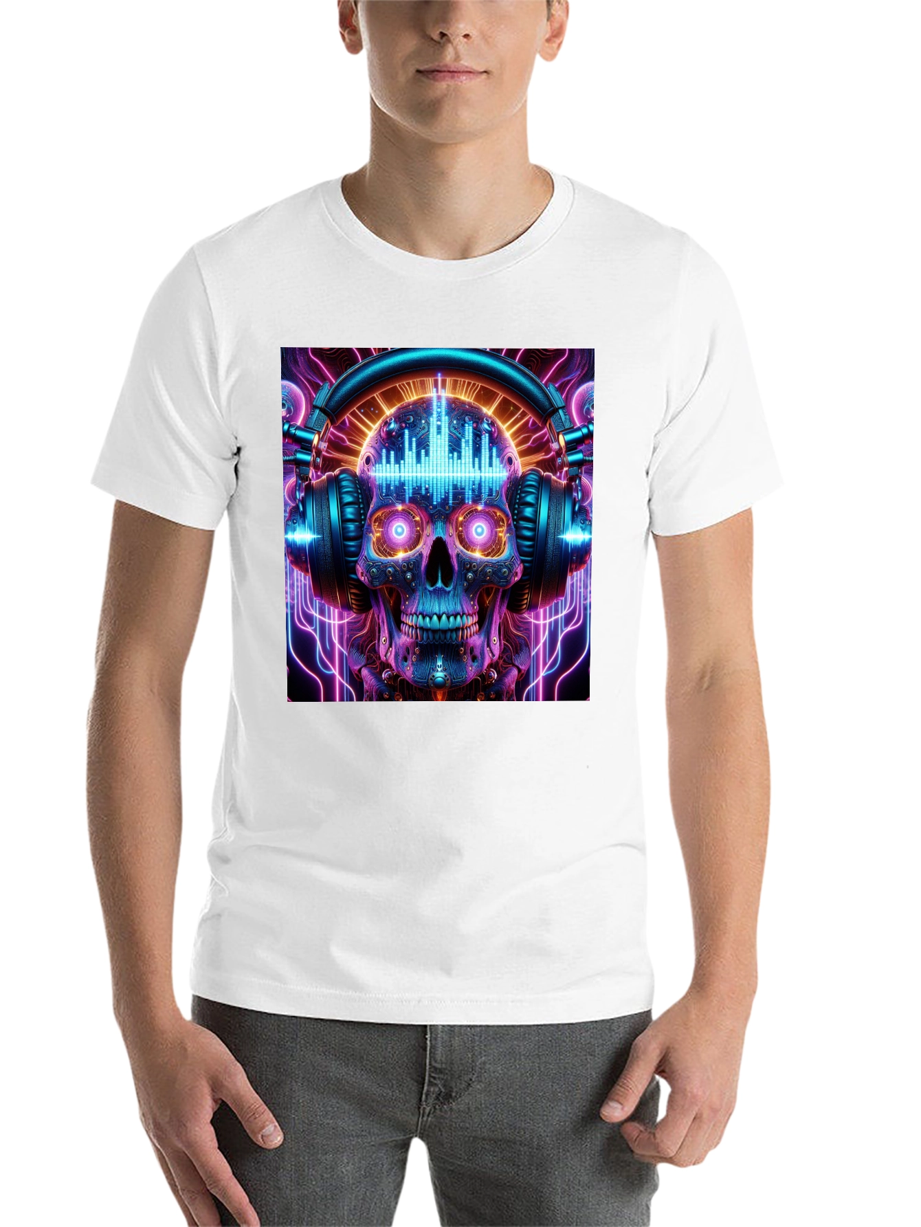 Skull Headphones Graphic Tee - Neon Rave Style