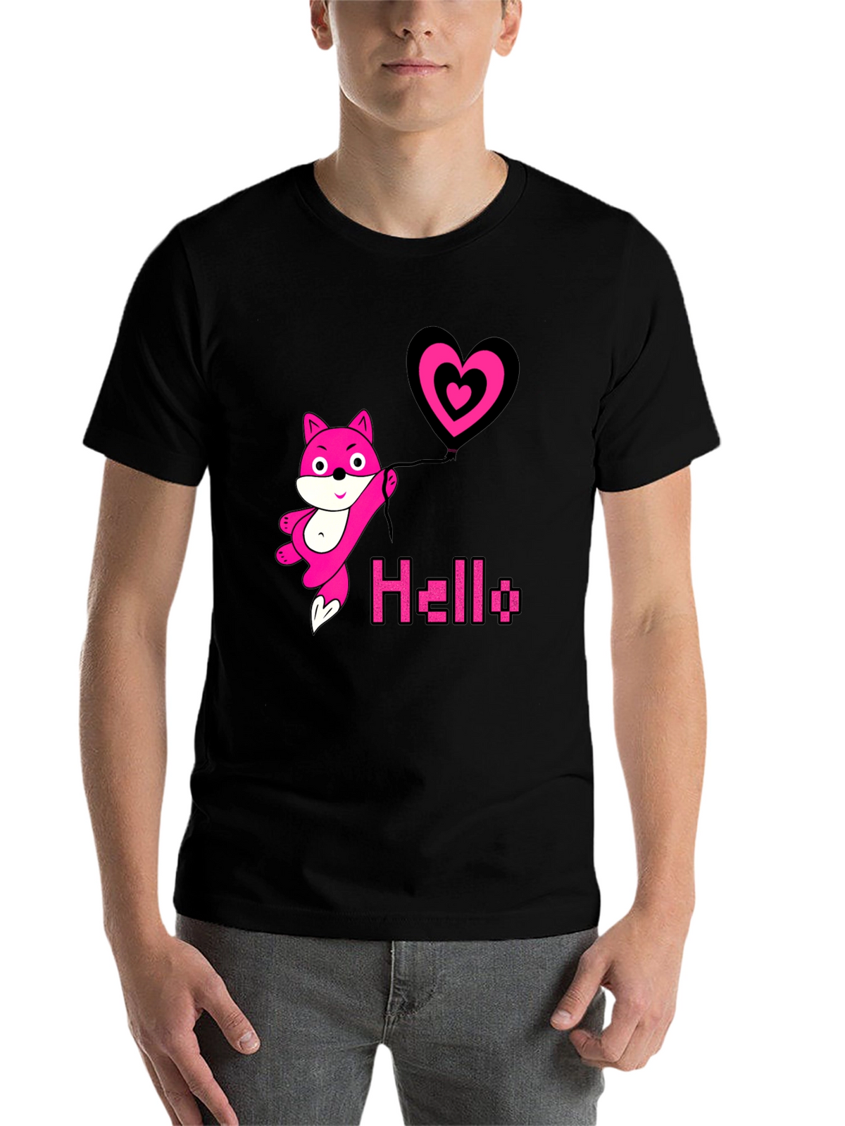 Pink Fox Heart Balloon Black T-Shirt