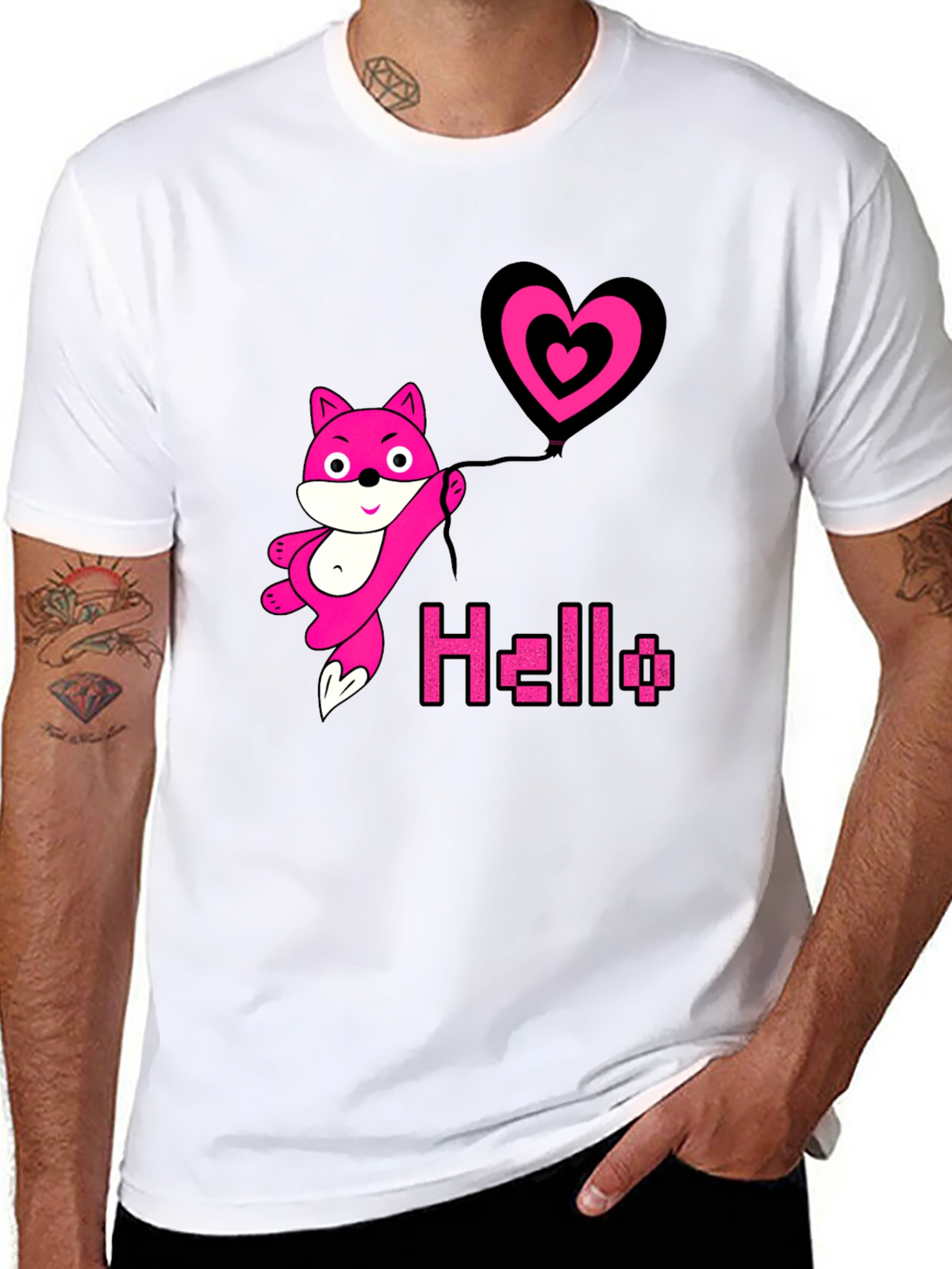 Pink Fox Heart Balloon Black T-Shirt