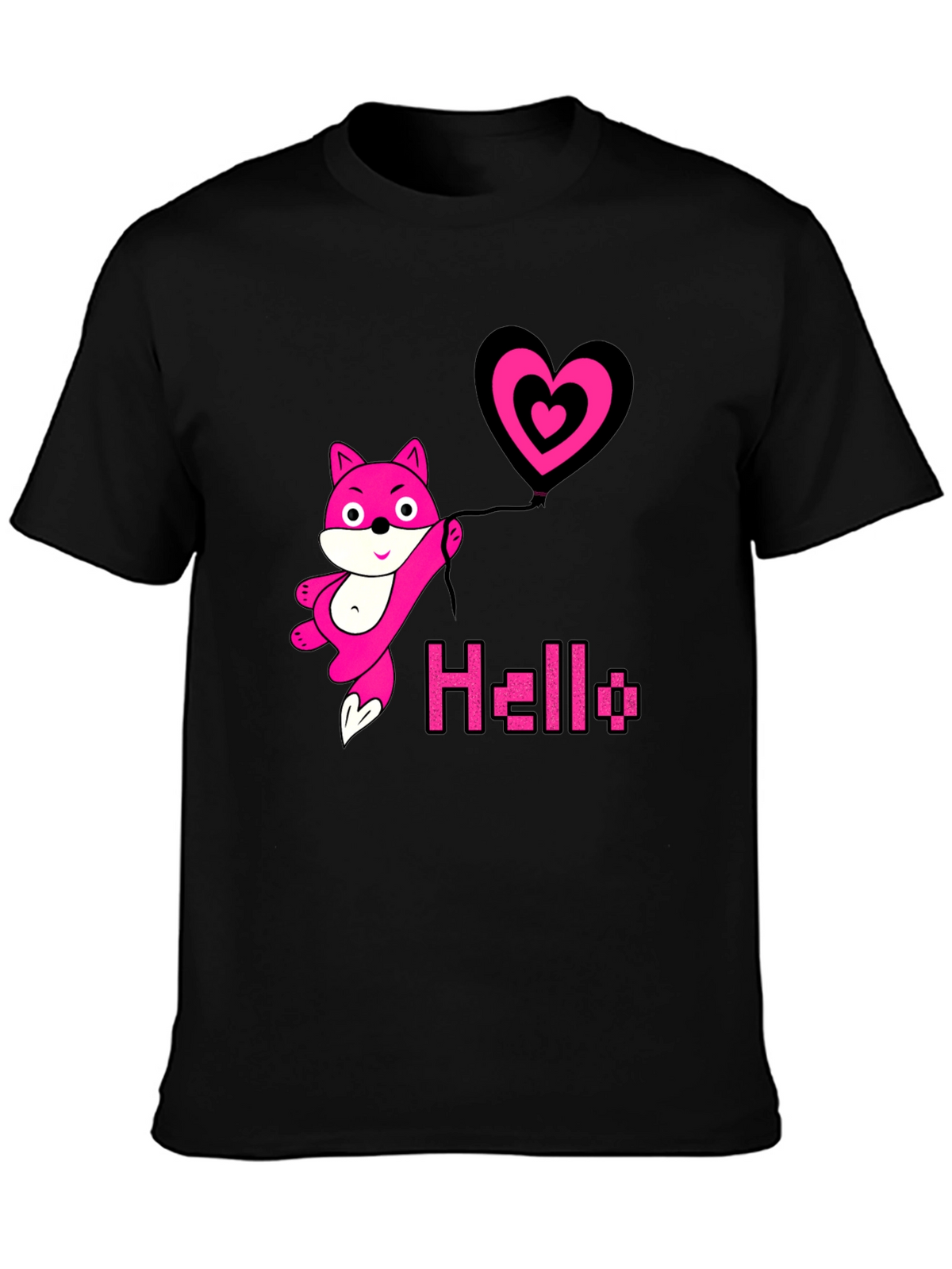 Pink Fox Heart Balloon Black T-Shirt