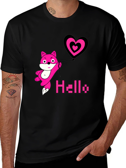 Pink Fox Heart Balloon Black T-Shirt