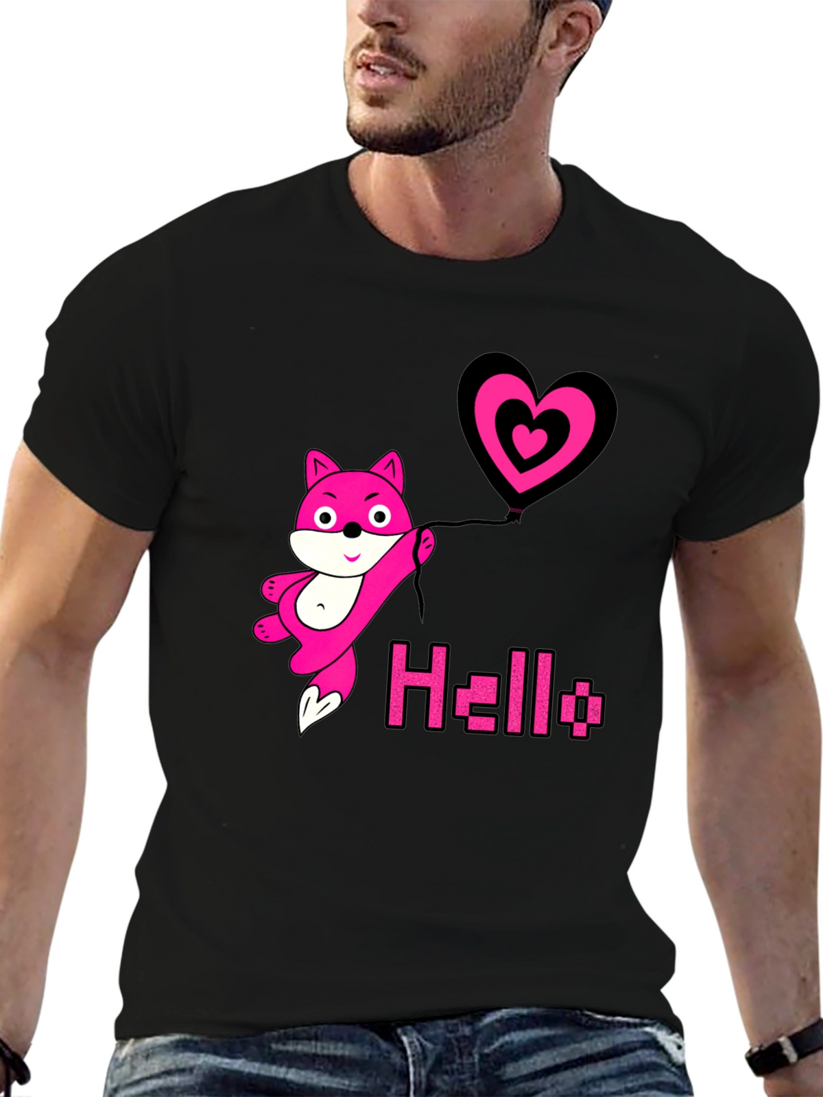 Pink Fox Heart Balloon Black T-Shirt