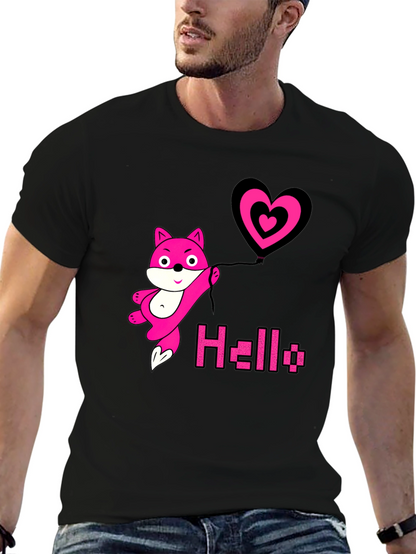 Pink Fox Heart Balloon Black T-Shirt