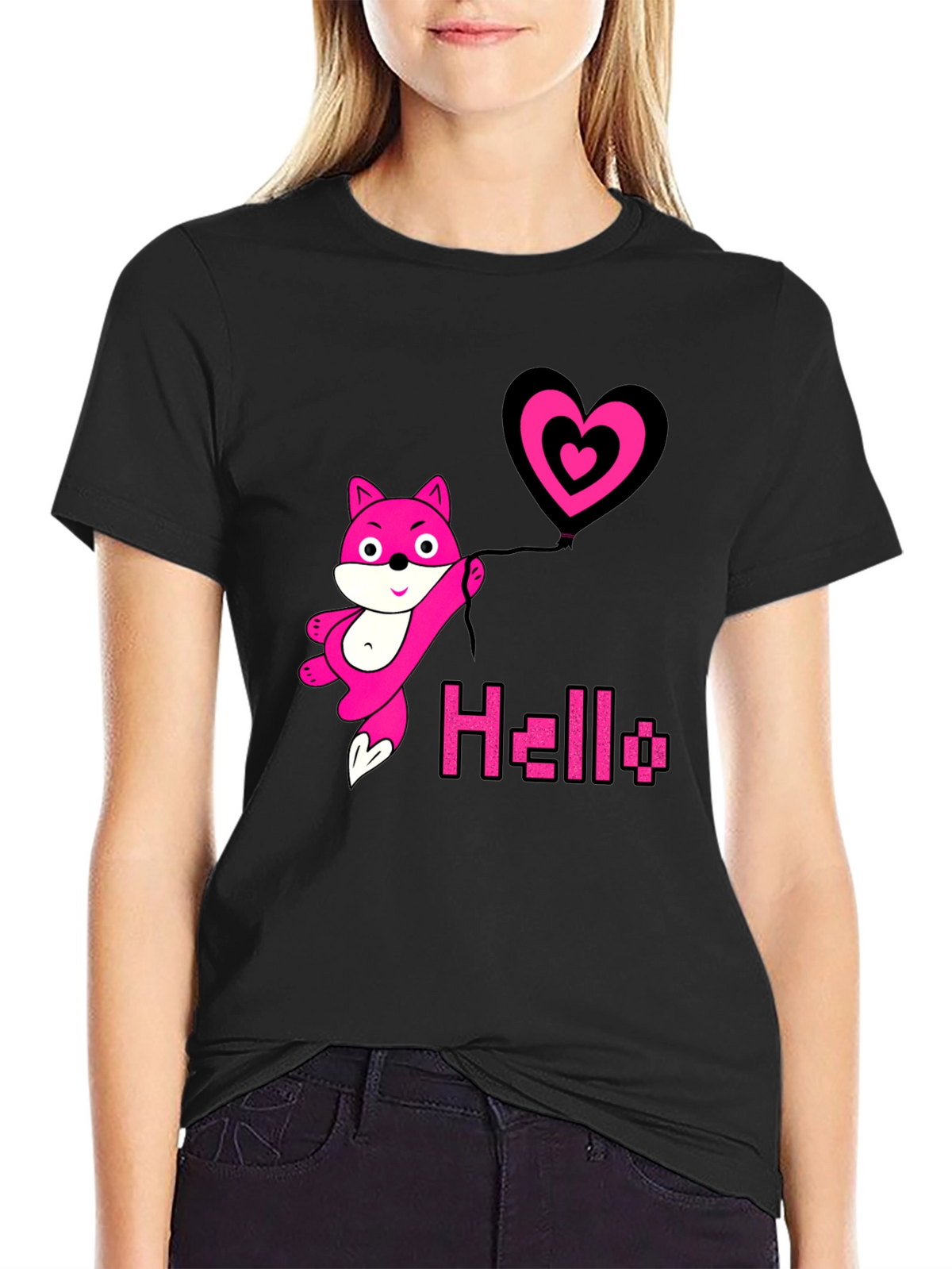 Pink Fox Heart Balloon Black T-Shirt