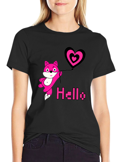 Pink Fox Heart Balloon Black T-Shirt
