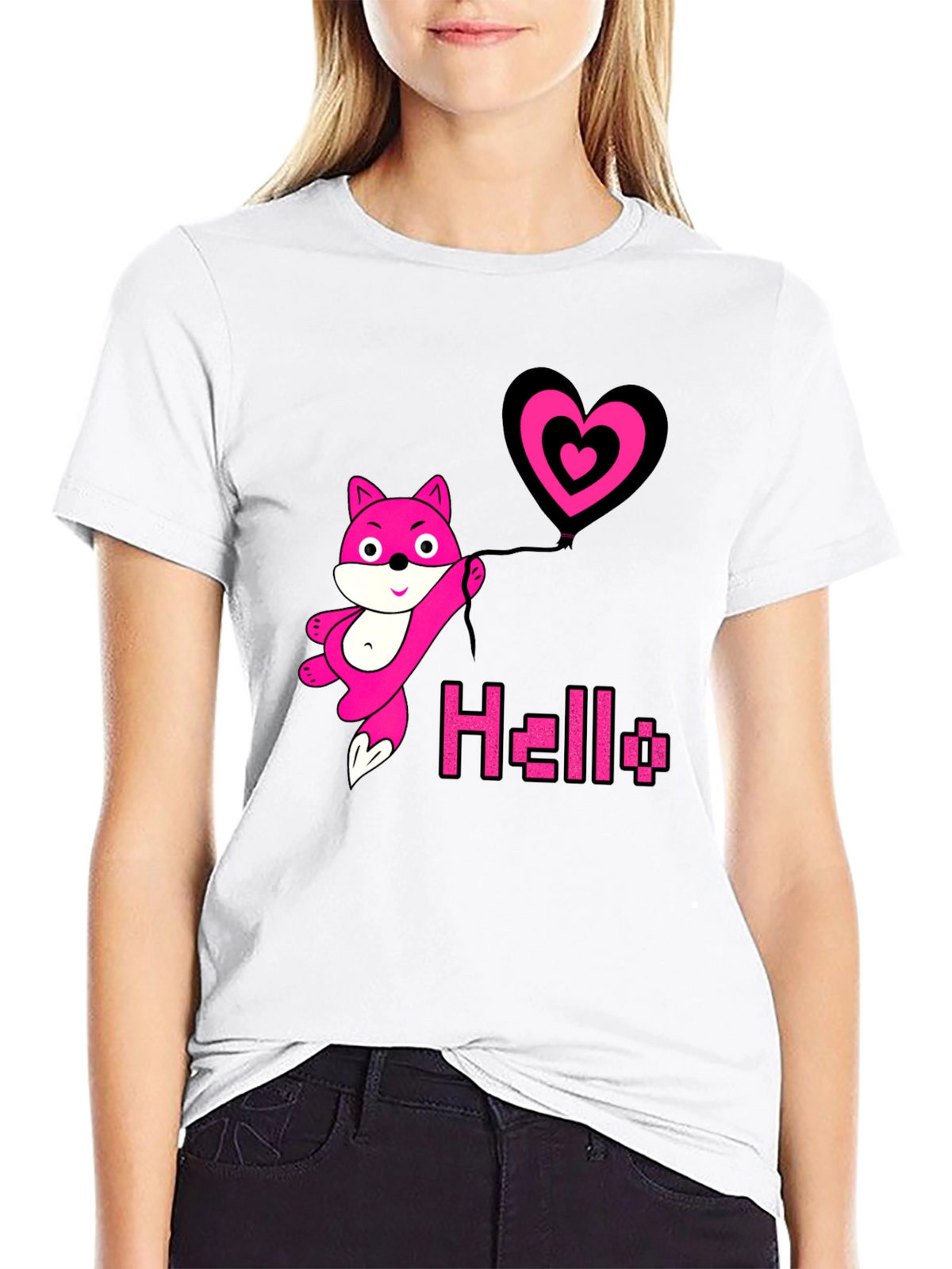 Pink Fox Heart Balloon Black T-Shirt