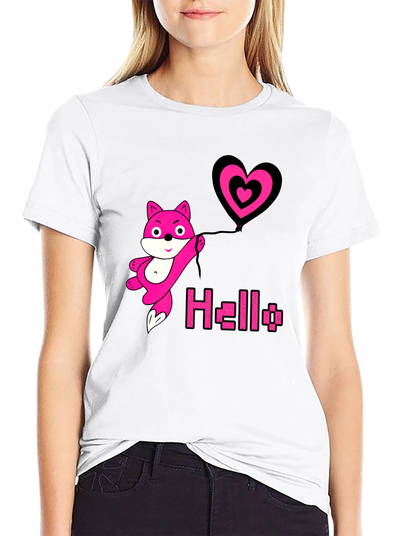 Pink Fox Heart Balloon Black T-Shirt