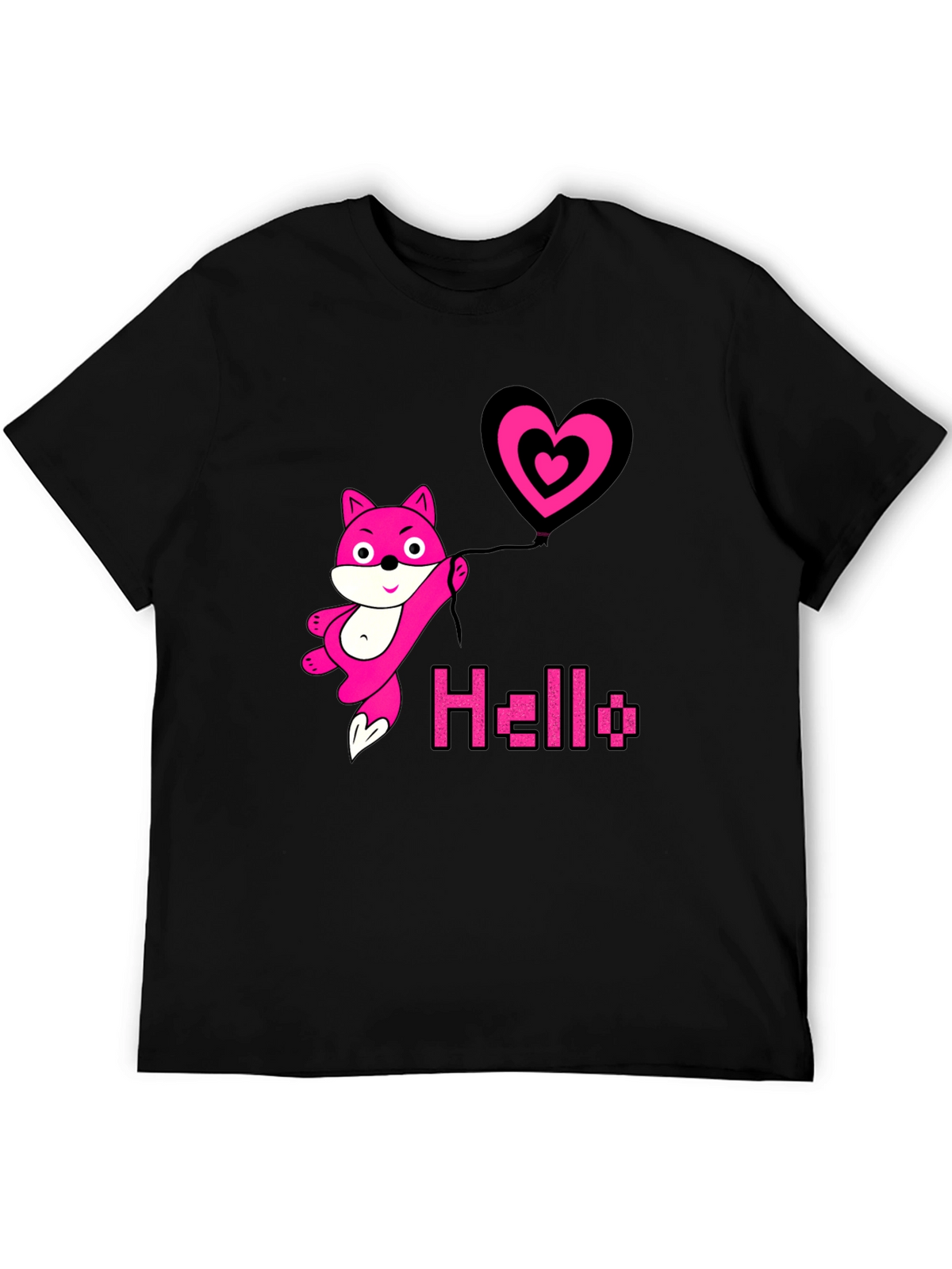Pink Fox Heart Balloon Black T-Shirt