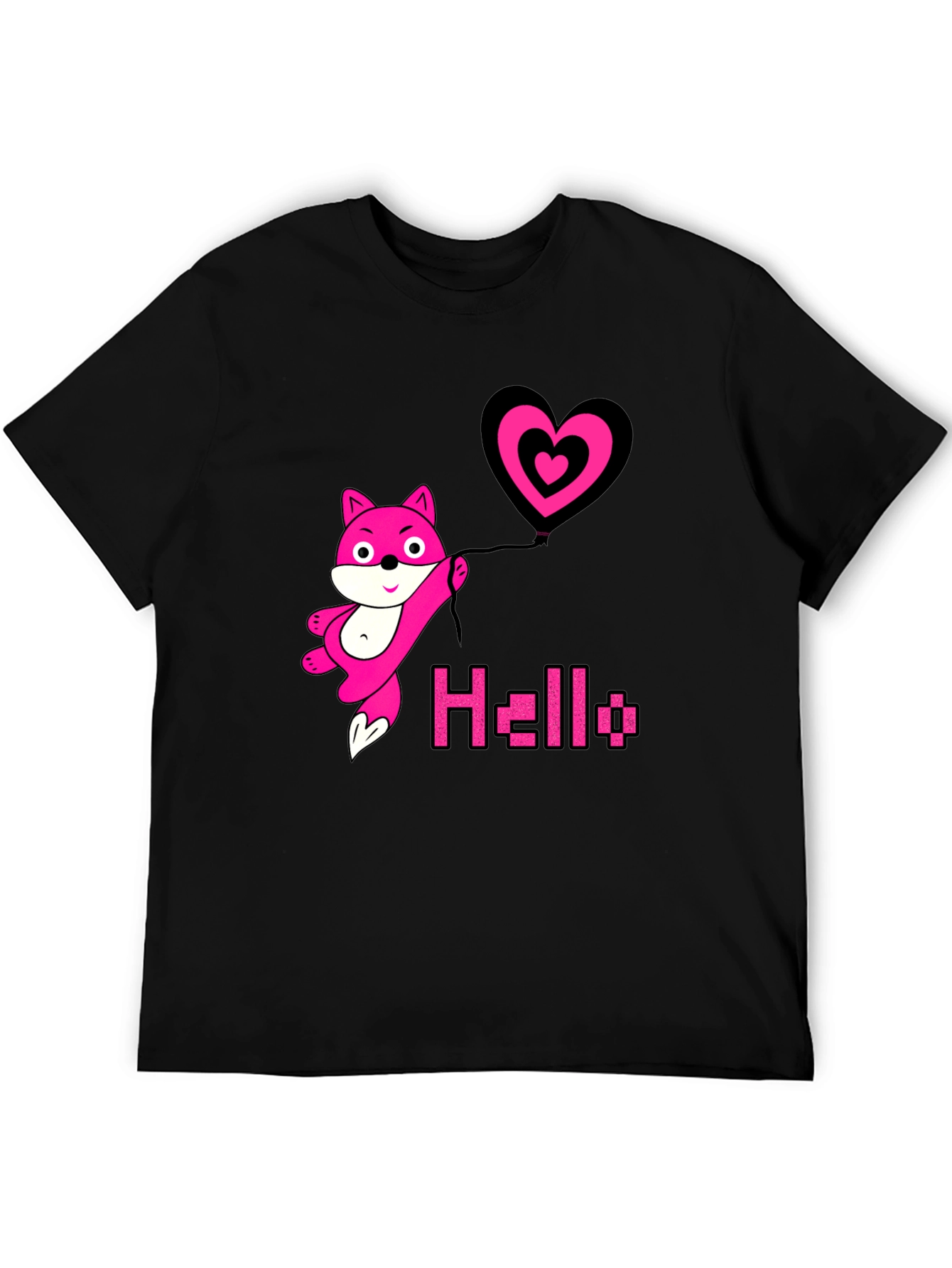 Pink Fox Heart Balloon Black T-Shirt