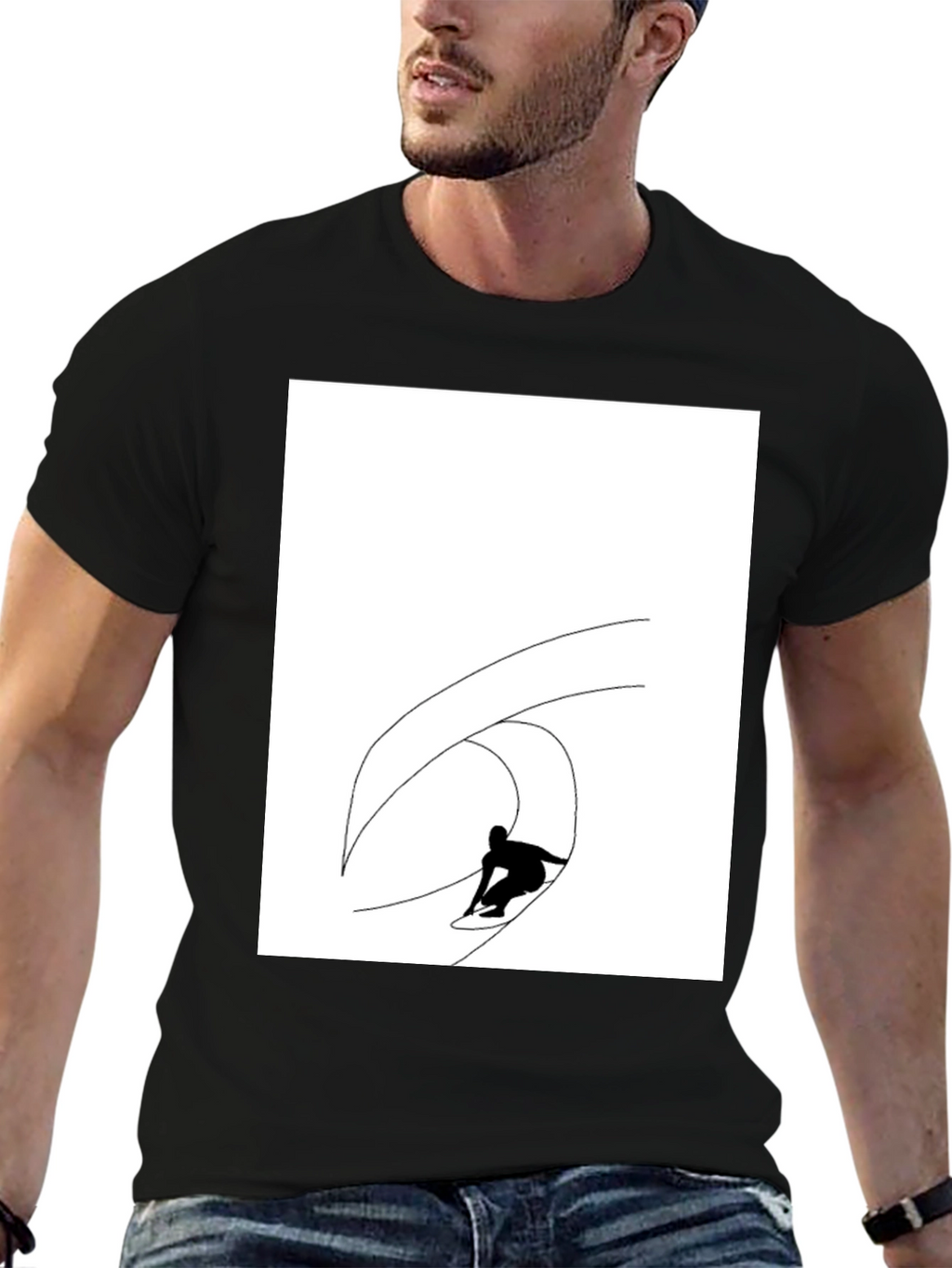Black T-Shirt with Surfing Wave Graphic