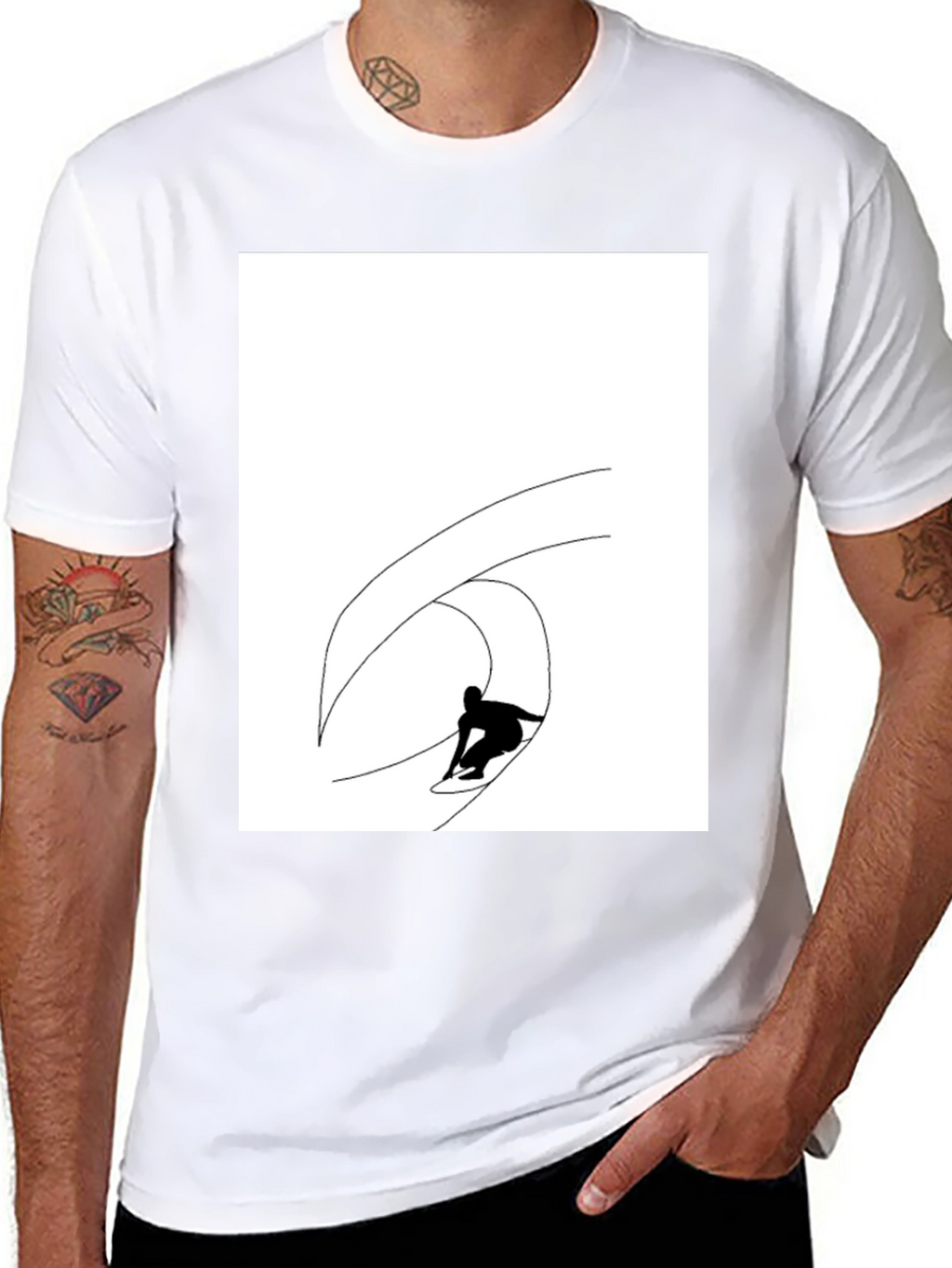 Black T-Shirt with Surfing Wave Graphic