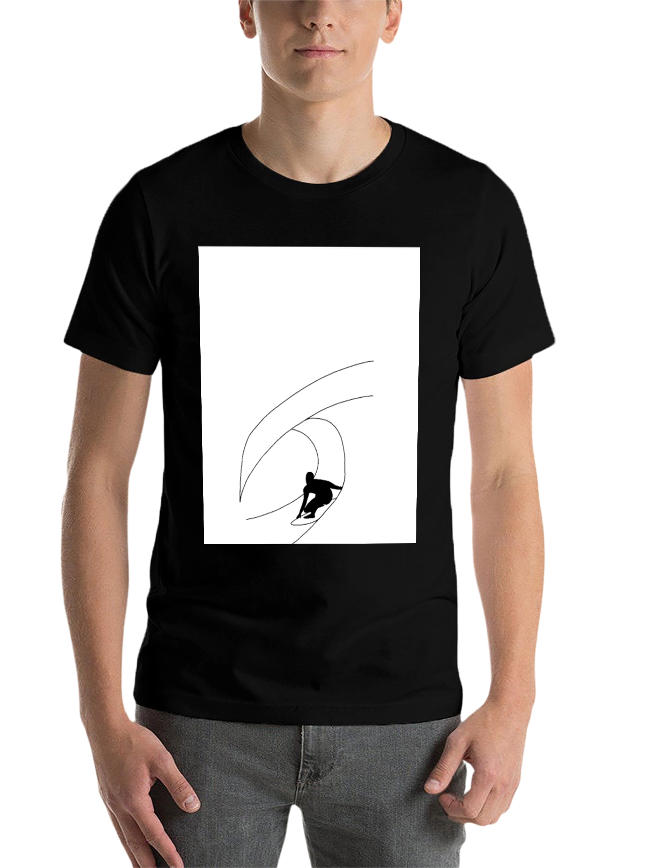 Black T-Shirt with Surfing Wave Graphic