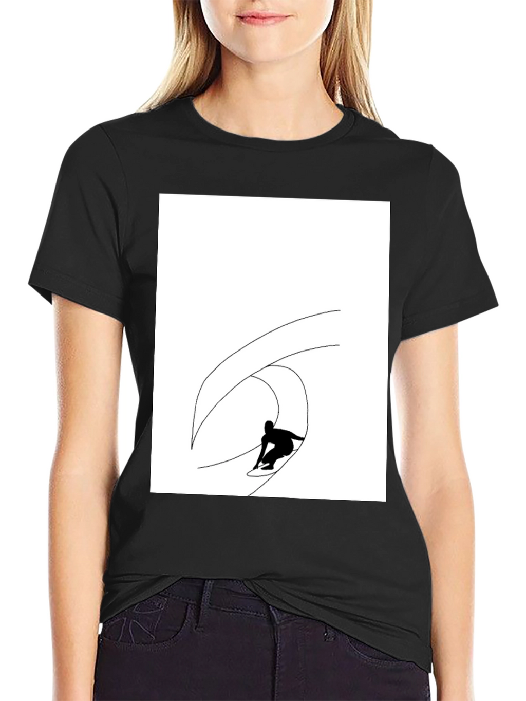 Black T-Shirt with Surfing Wave Graphic