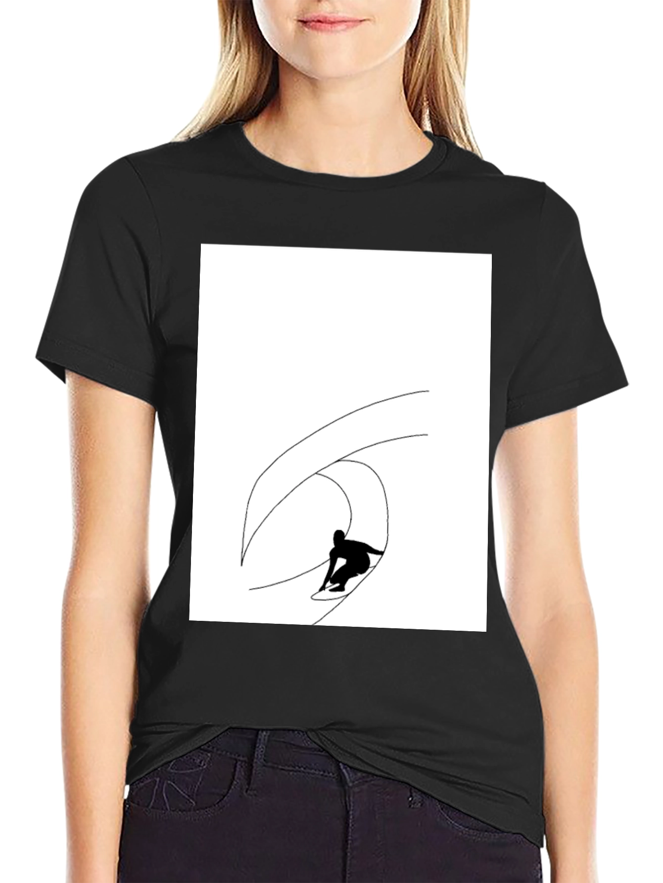 Black T-Shirt with Surfing Wave Graphic