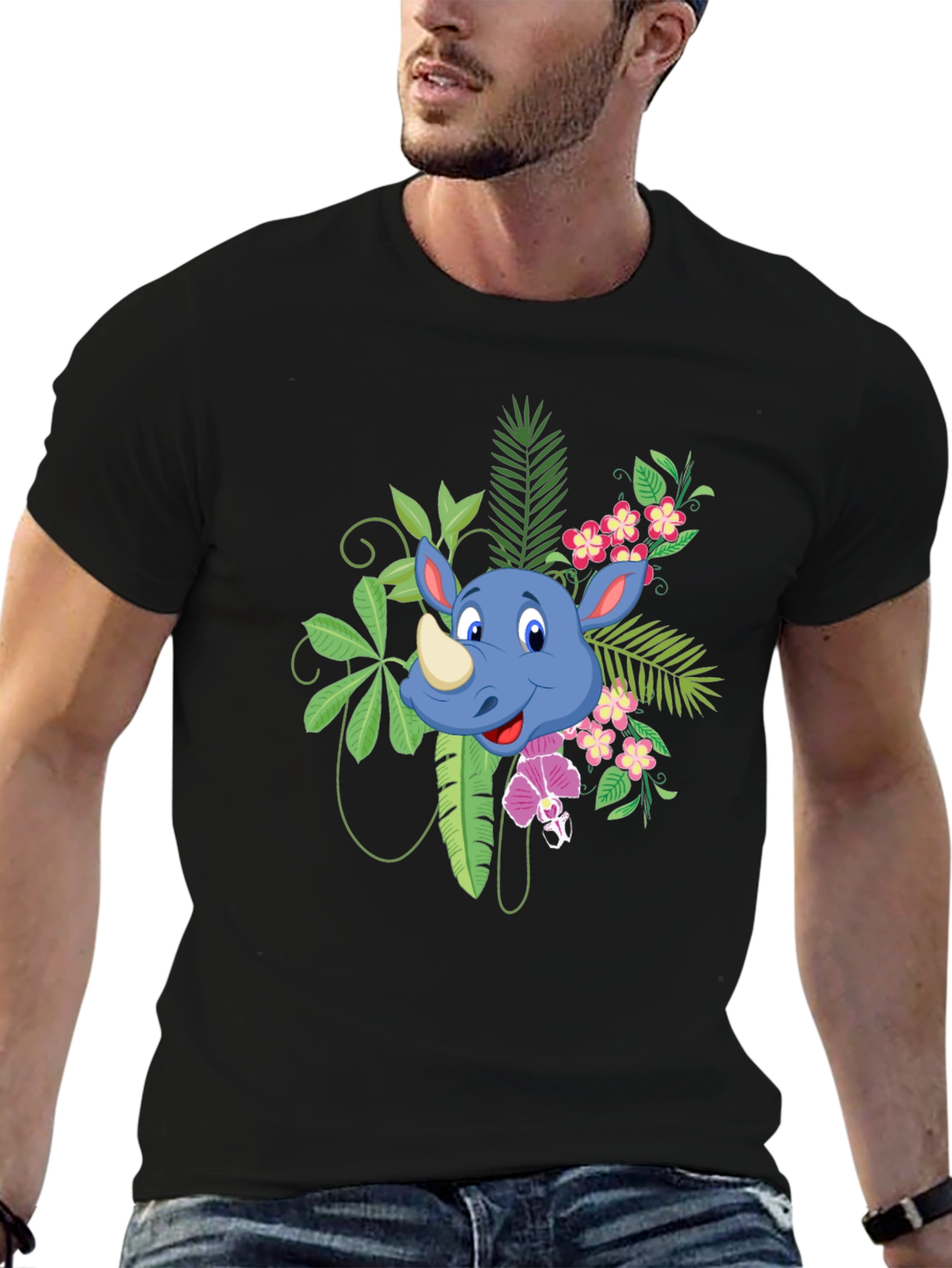 Tropical Rhino Graphic Tee - Black Casual Shirt
