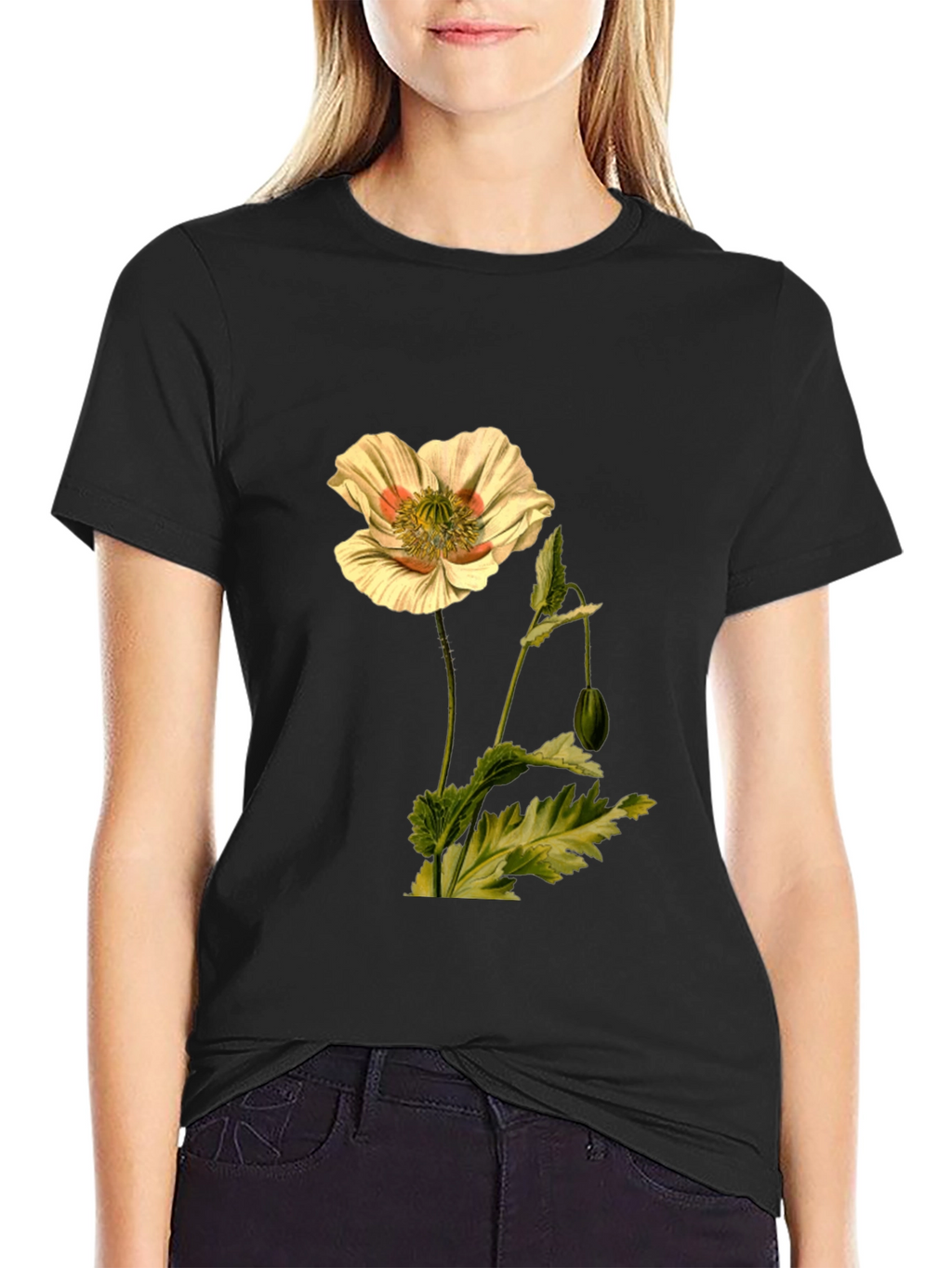 Botanical Flower Print Black T-Shirt
