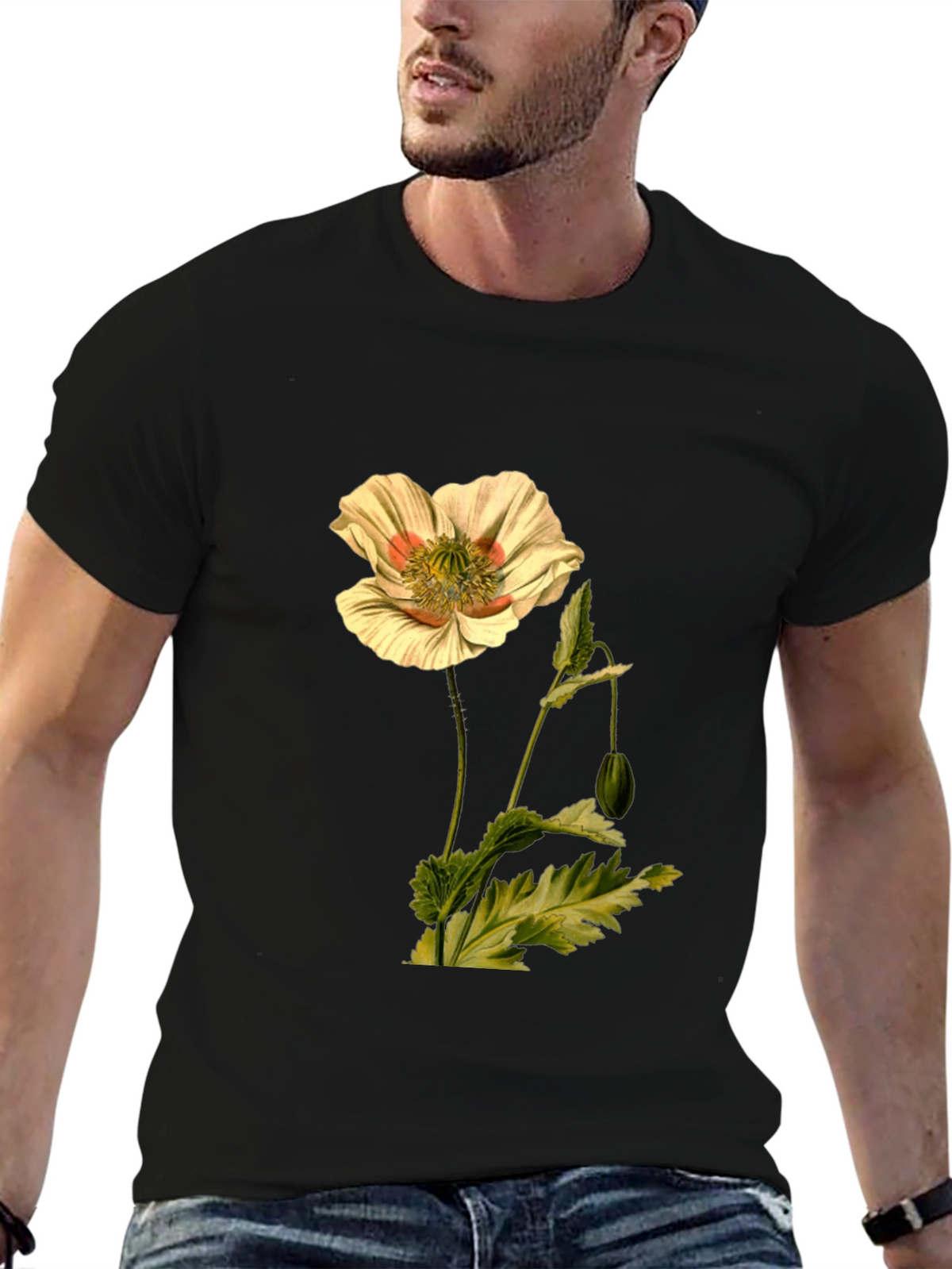 Botanical Flower Print Black T-Shirt