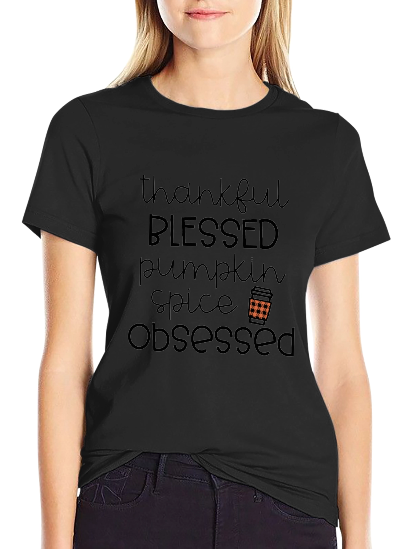 Thankful Blessed Pumpkin Spice Obsessed Black Tee