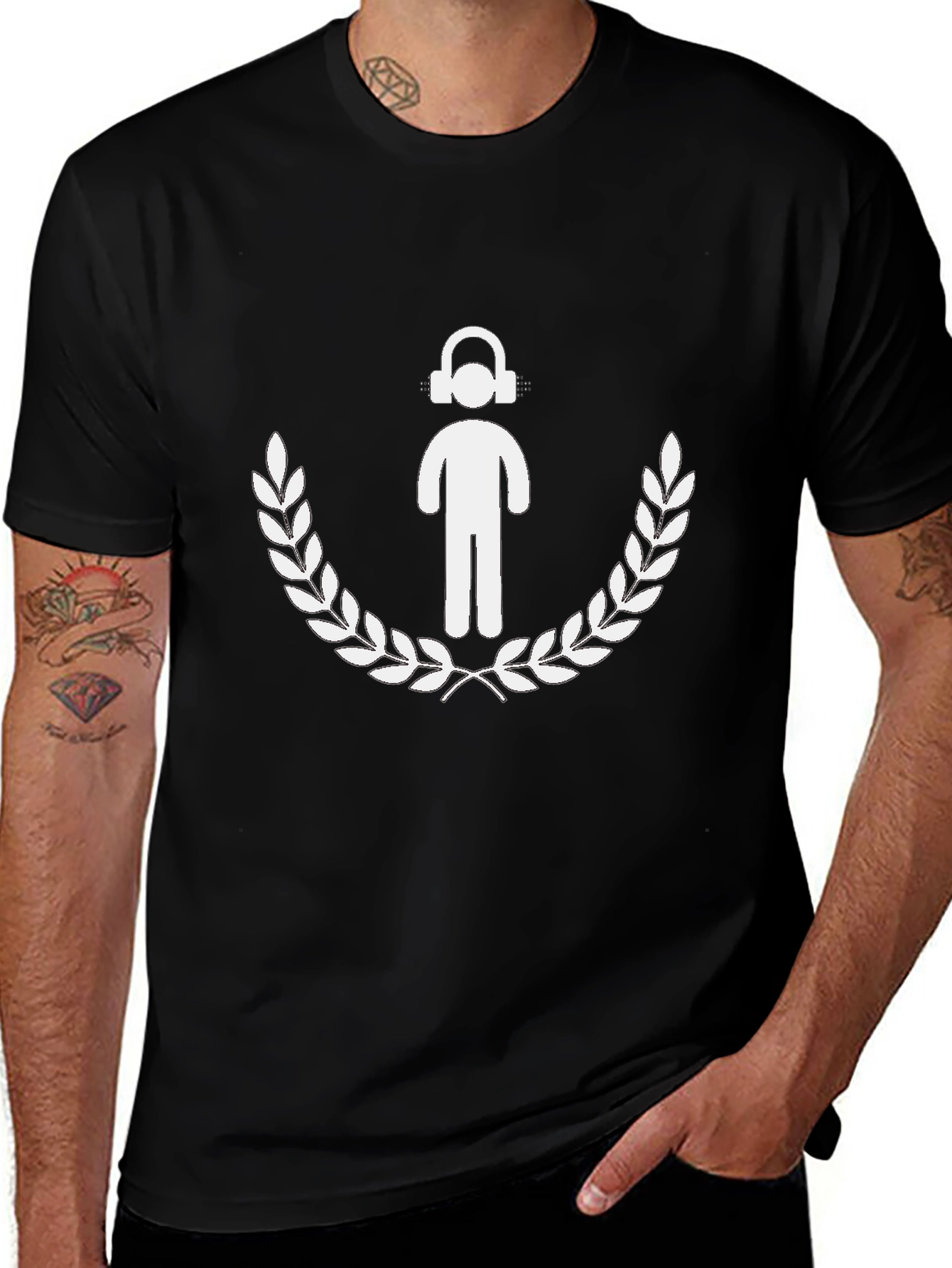 DJ Man Laurel Wreath Graphic Tee - Black Cotton T-Shirt