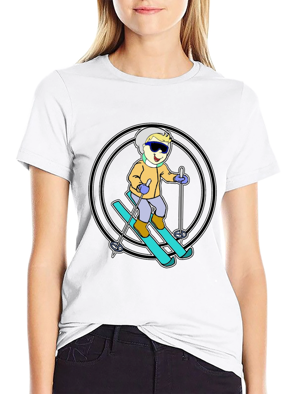 Cartoon Skier T-Shirt - Black Cotton Blend