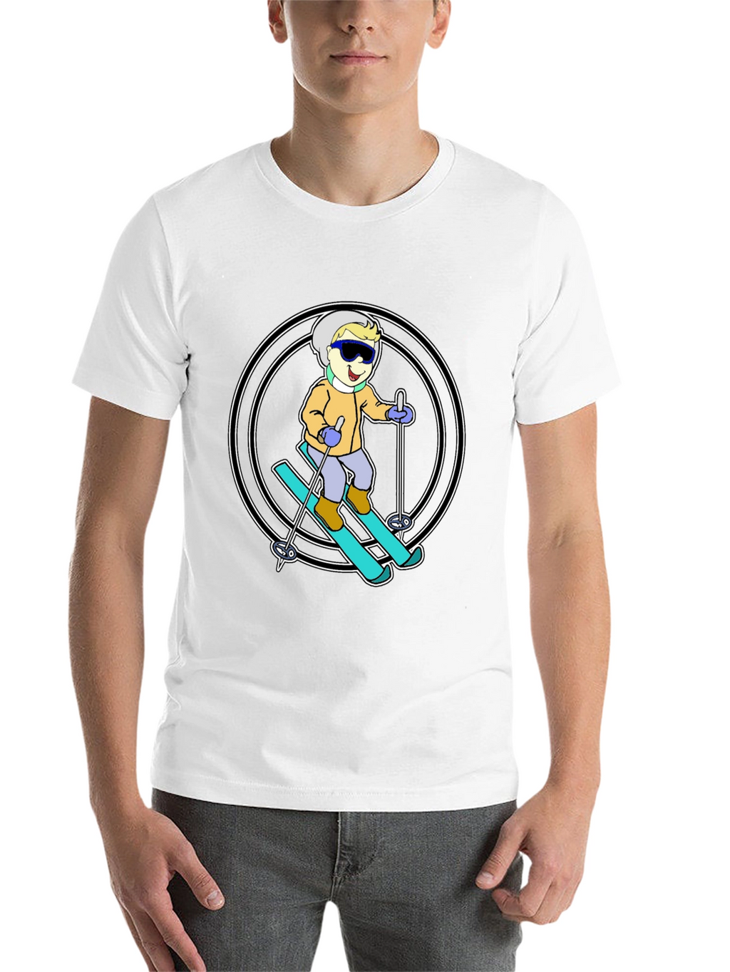Cartoon Skier T-Shirt - Black Cotton Blend