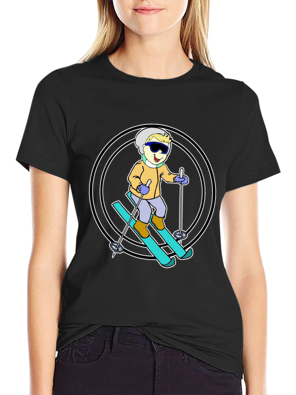 Cartoon Skier T-Shirt - Black Cotton Blend