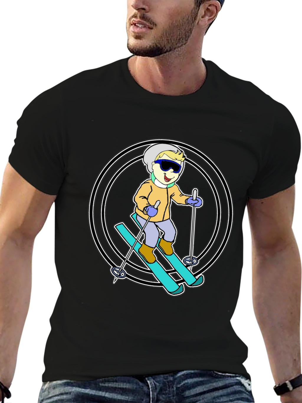 Cartoon Skier T-Shirt - Black Cotton Blend