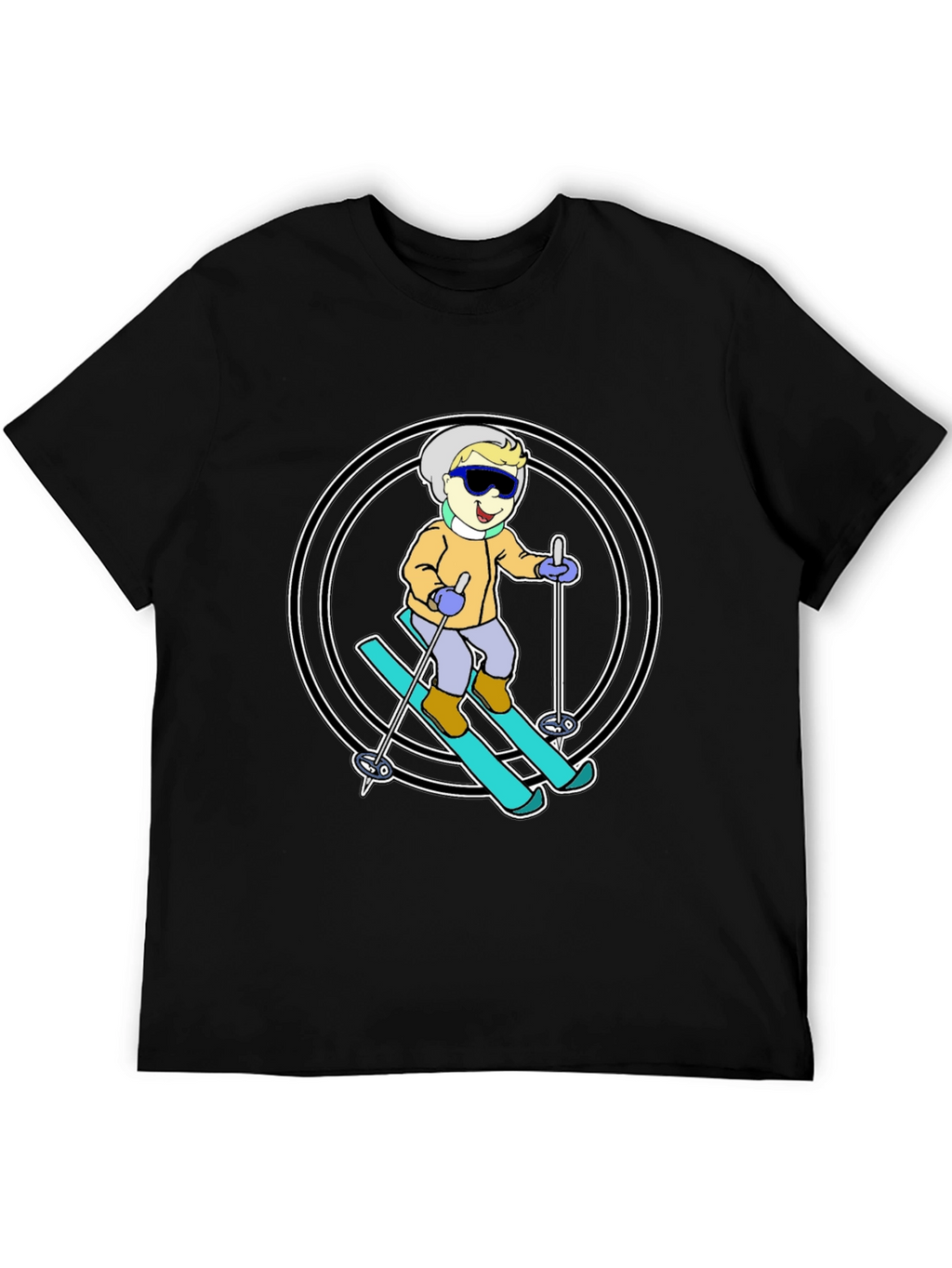 Cartoon Skier T-Shirt - Black Cotton Blend