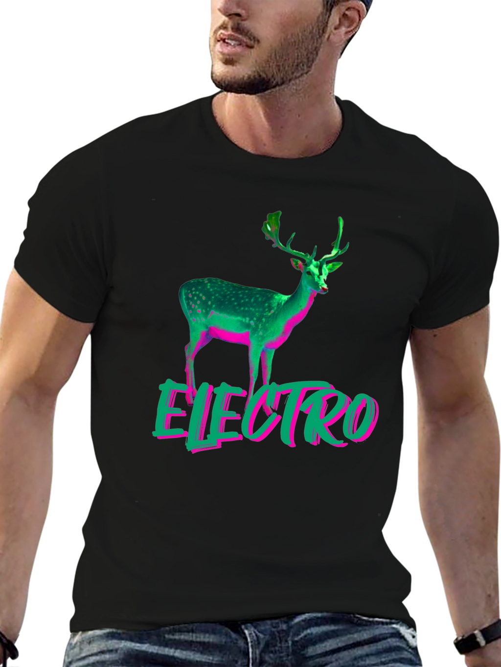 Electro Deer Graphic Tee - Stylish Mens Black T-Shirt