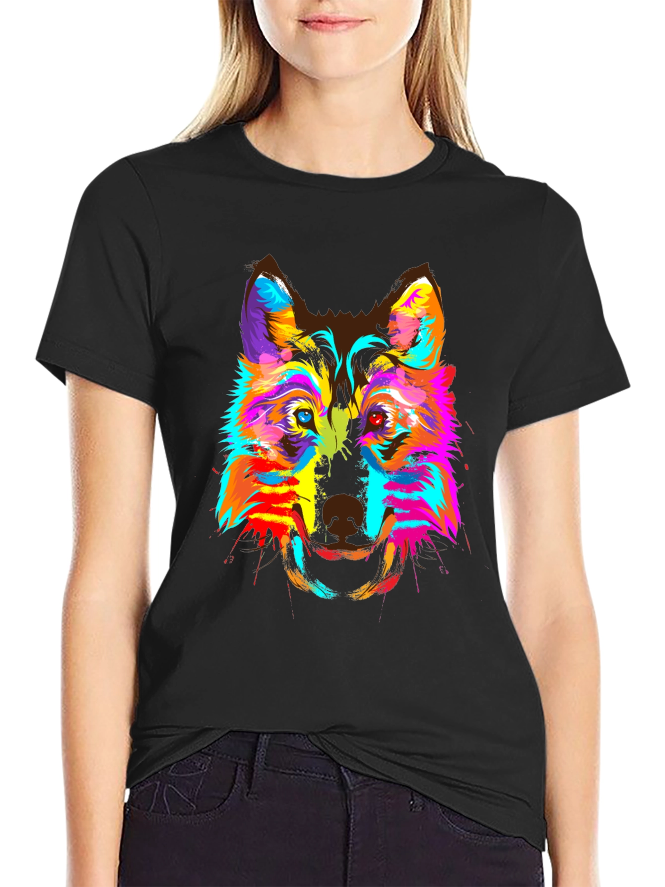 Colorful Wolf Graphic Print Crew Neck T-Shirt