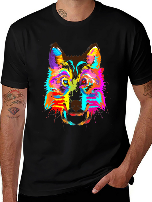Colorful Wolf Graphic Print Crew Neck T-Shirt