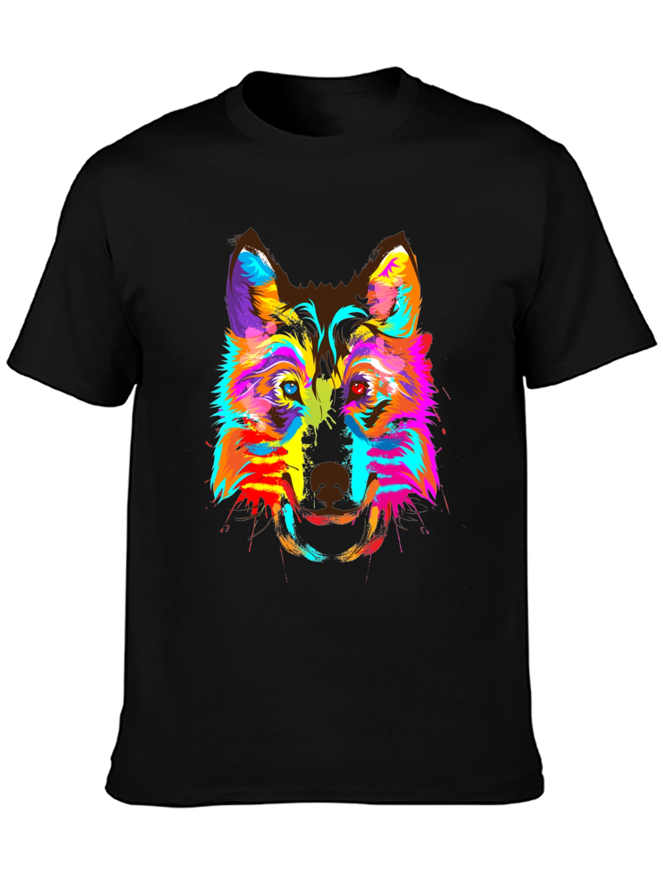 Colorful Wolf Graphic Print Crew Neck T-Shirt