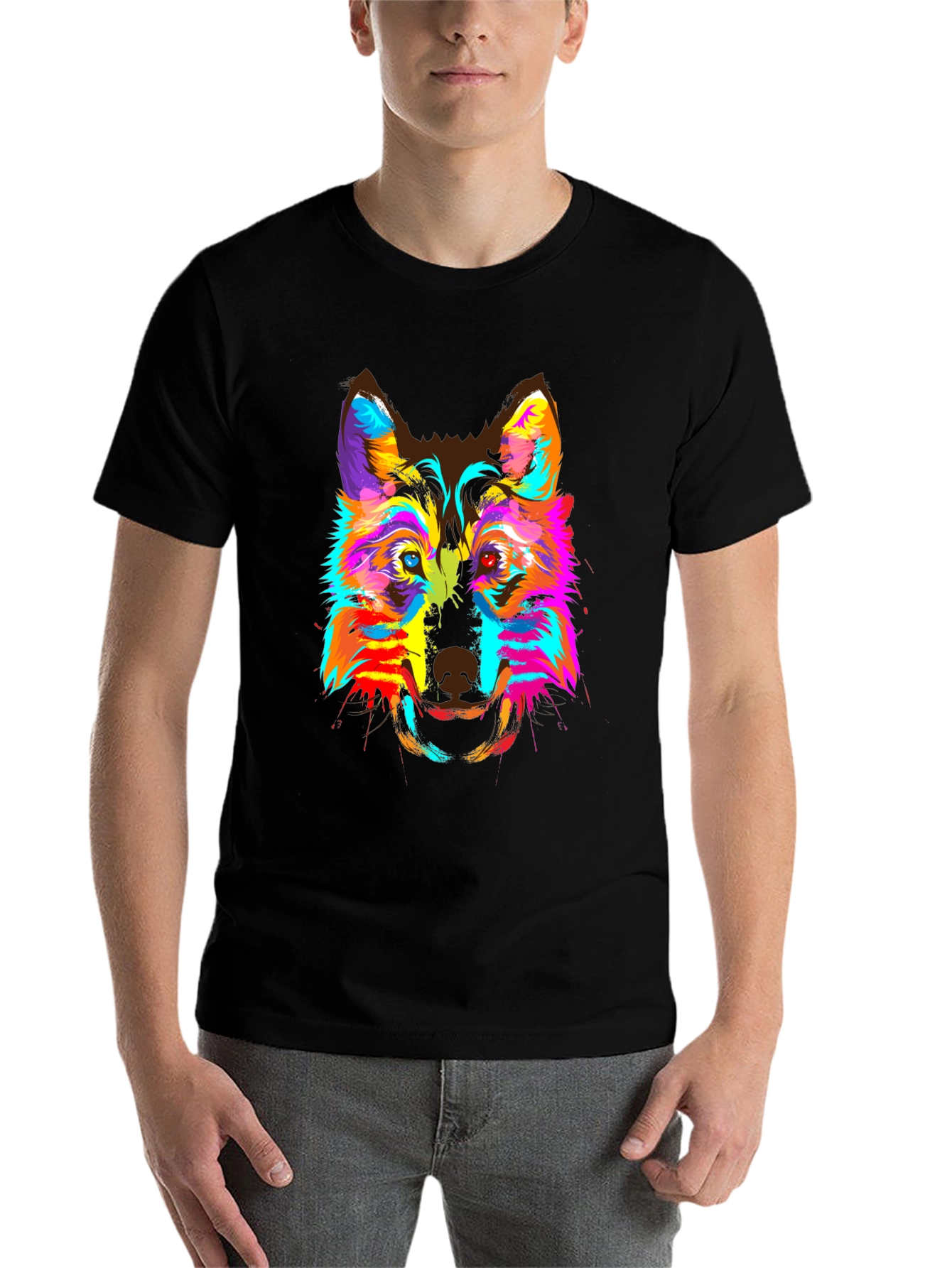 Colorful Wolf Graphic Print Crew Neck T-Shirt