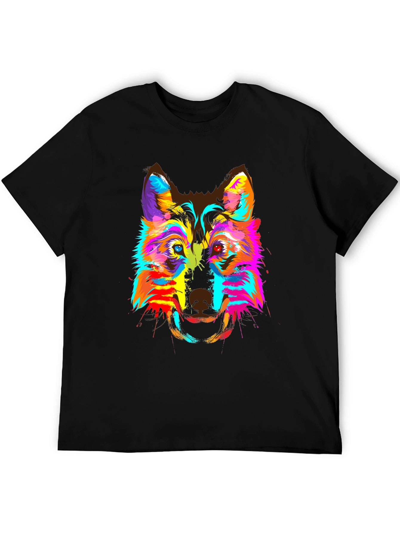Colorful Wolf Graphic Print Crew Neck T-Shirt