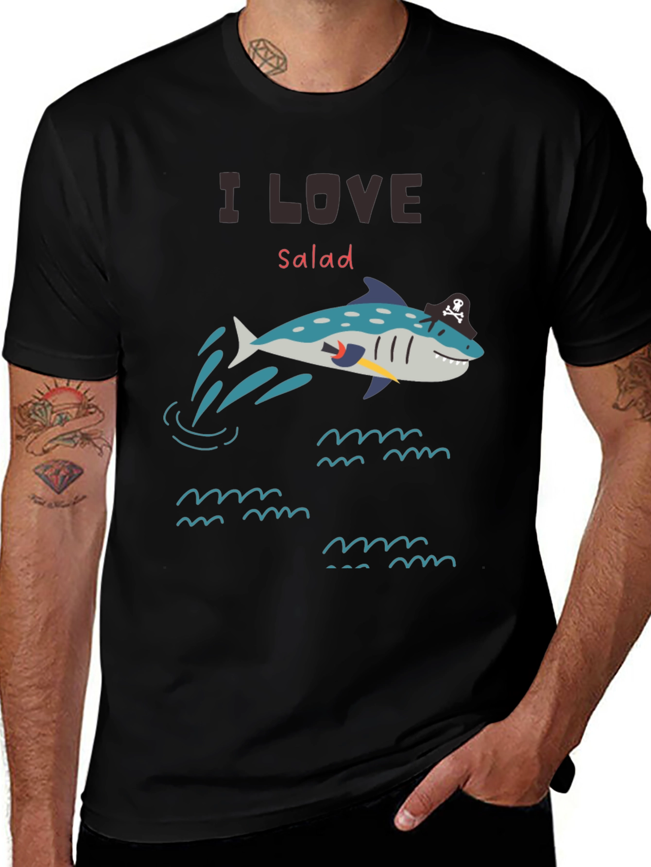 I Love Salad Pirate Shark T-Shirt - Unique Graphic Tee