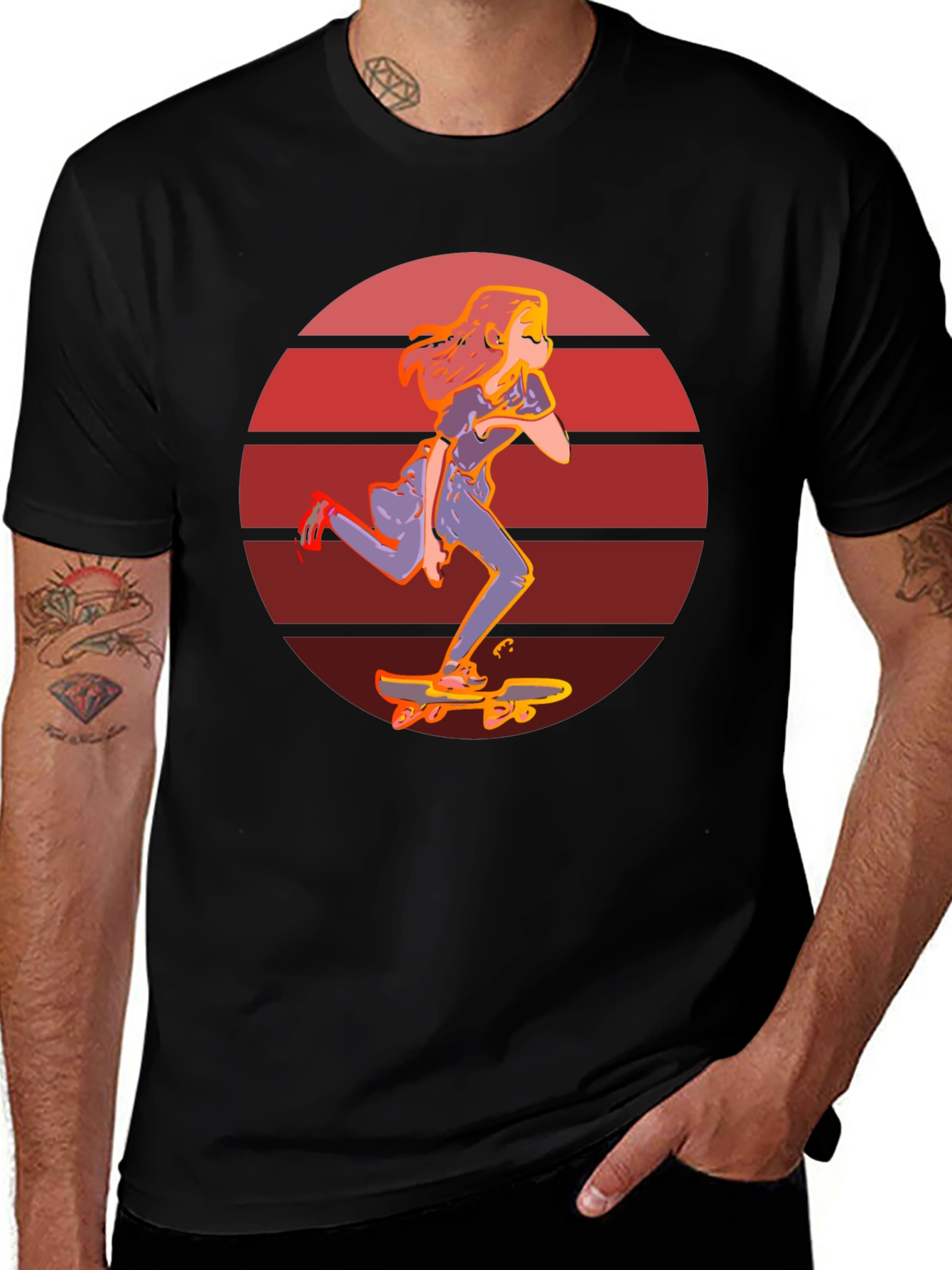Skateboarder Girl Retro Sunset T-Shirt