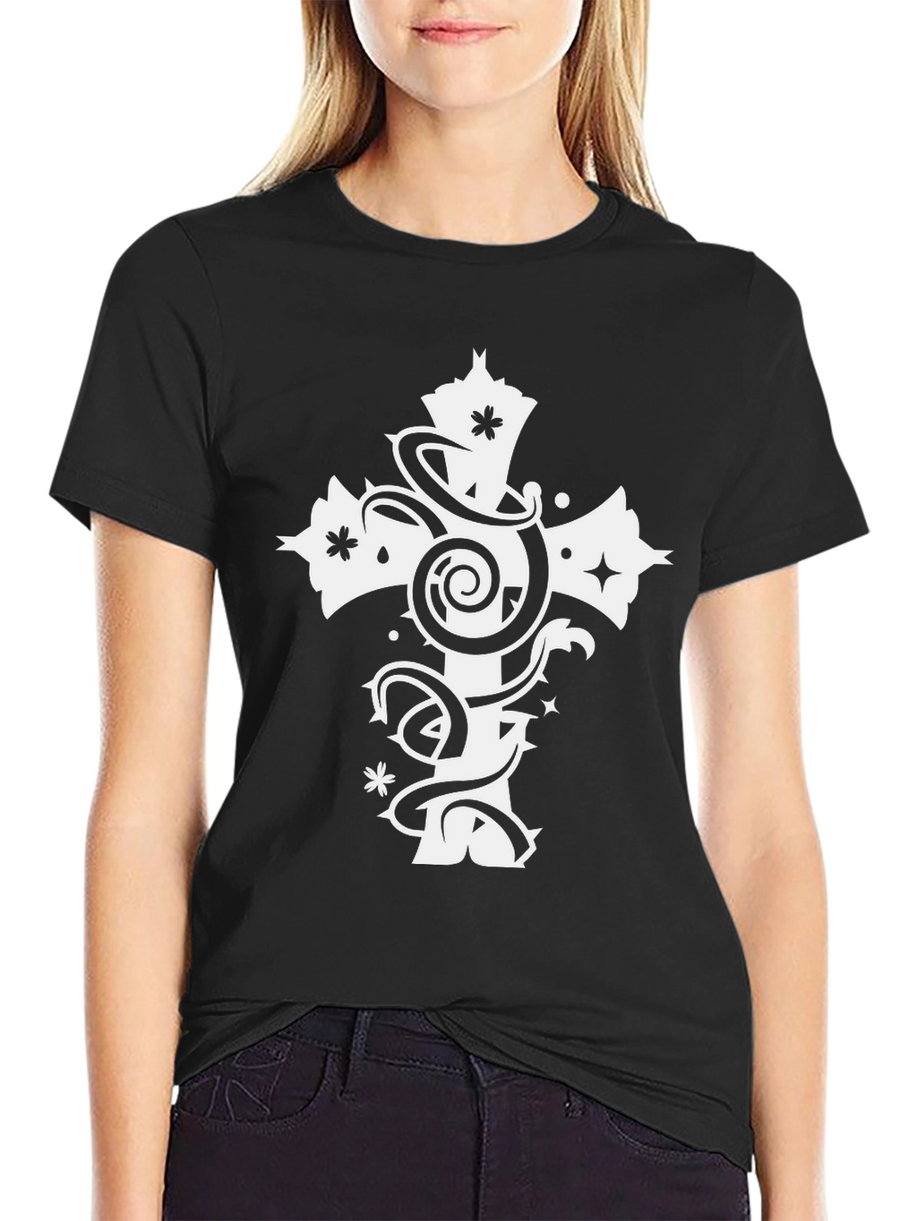 Black Tee with White Cross Graphic