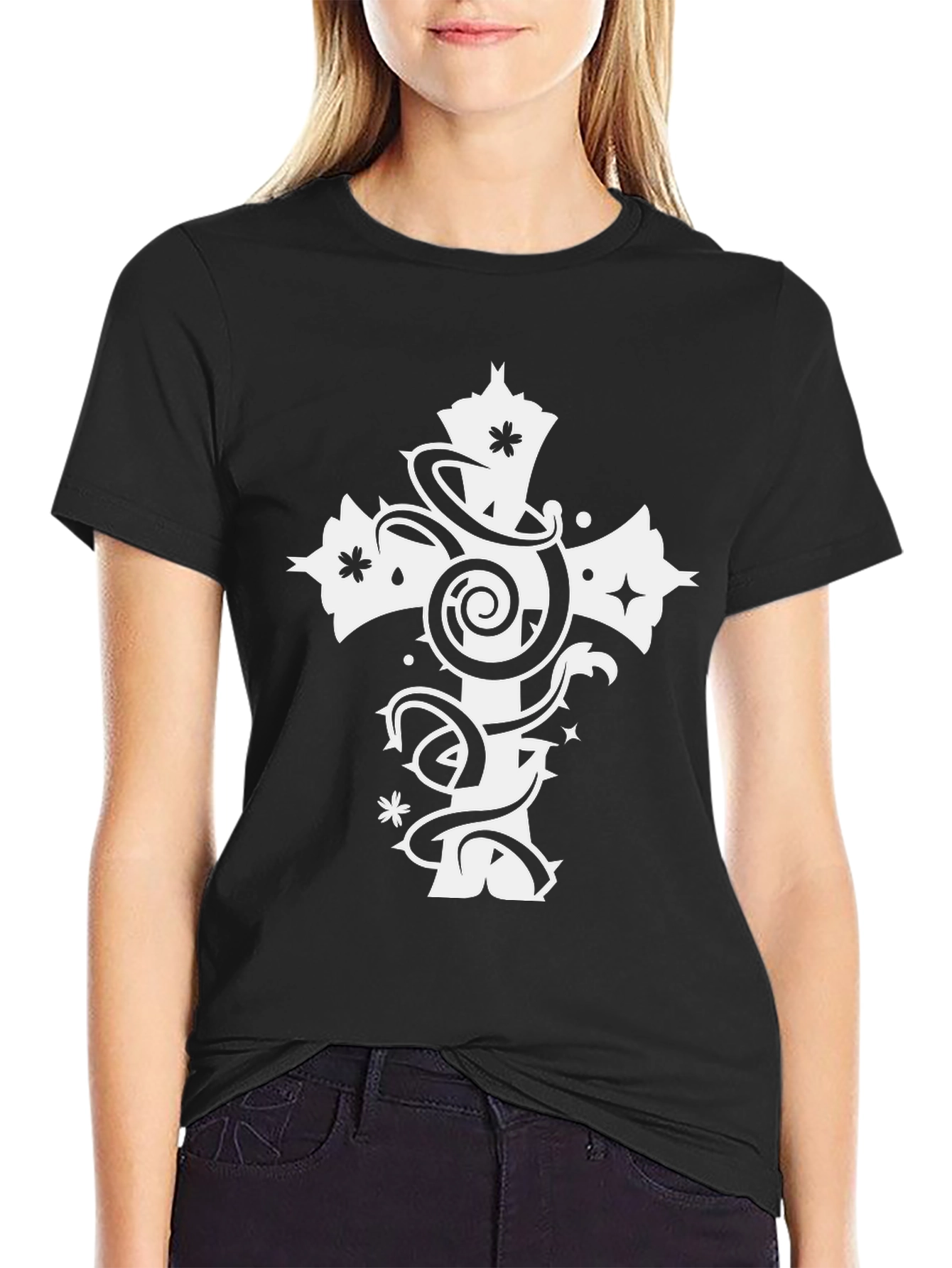 Black Tee with White Cross Graphic